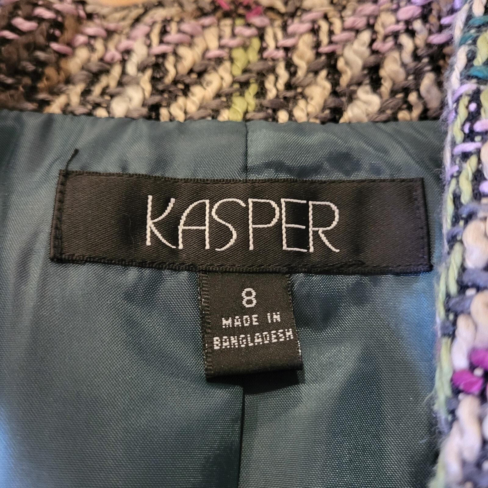 Kasper Pink & Green Short Coat Collared Size 8 Tweed Plaid Cuff 