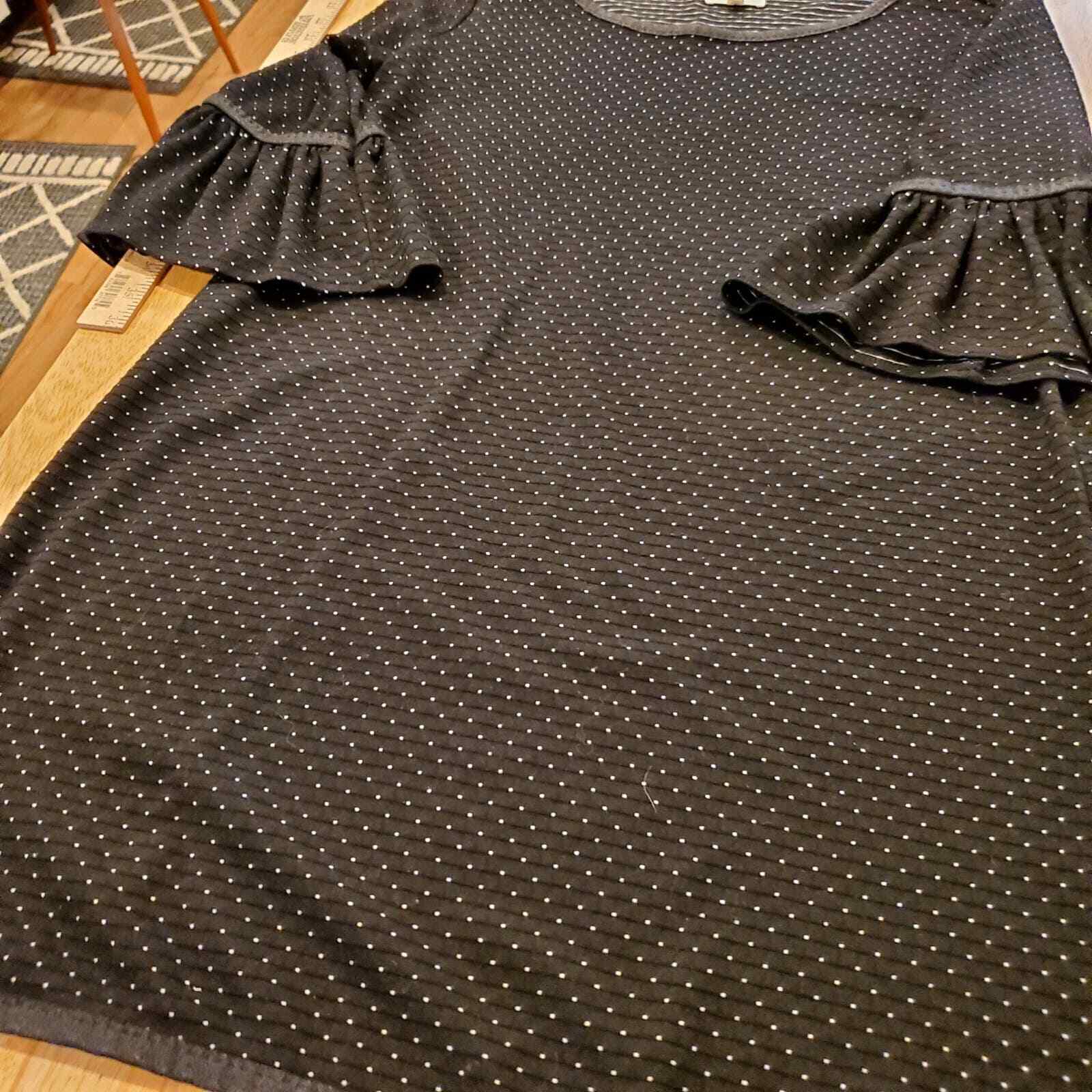 Max Studio Black Polka Dot Knee Length Shift Dress Ruffle Sleeve L Jersey 