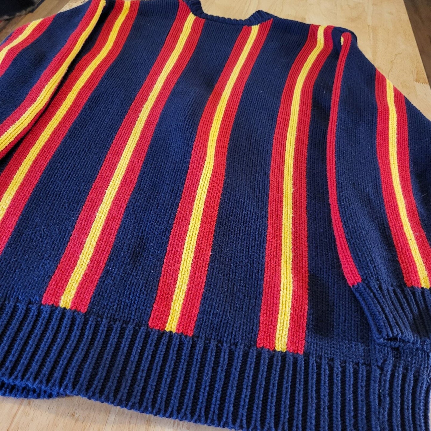 Vintage 90's Liz Claiborne Blue Cardigan Sweater Yellow & Red Stripe Preppy P