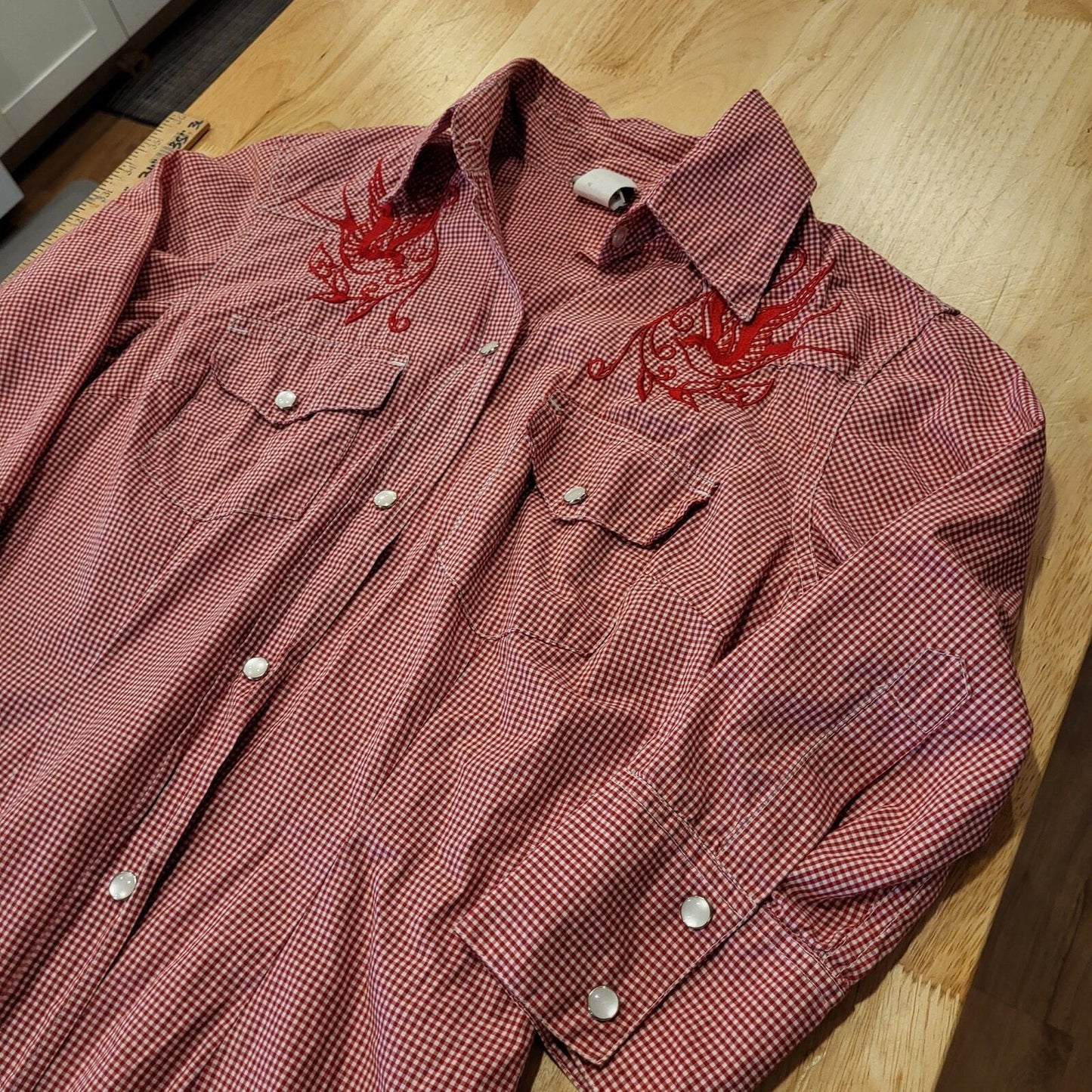 Vintage Sailor Jerry Red Gingham Pearl Snap Shirt Dress 18" P2P 32" Waist
