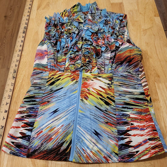 DS by Debbie Shuchat Sleeveless Zip Front Ruffle Collar Colorful Abstract Top 8