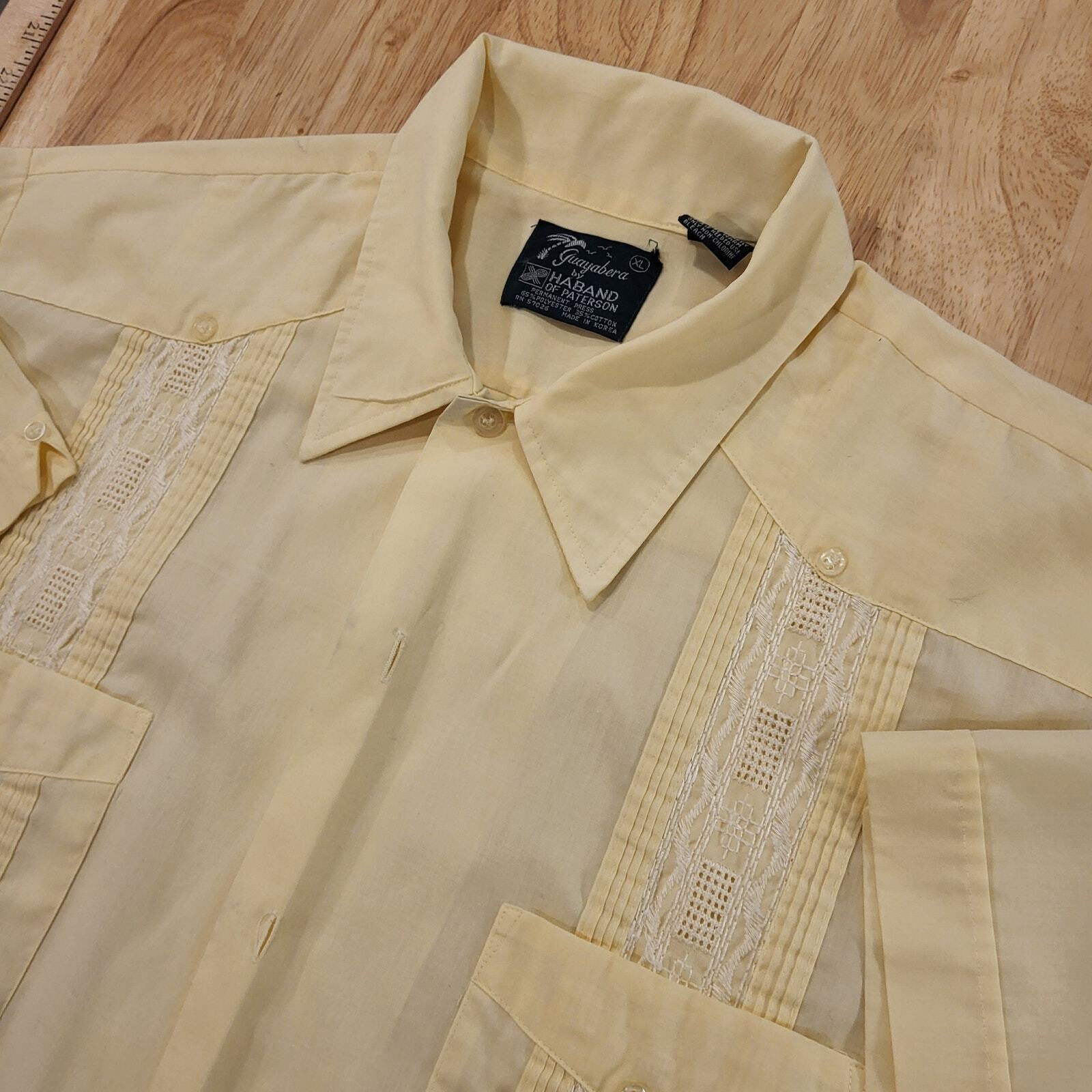 Yellow Guayabera Cuban Cotton Blend Button Down Collared Shirt 27" Pit2pit