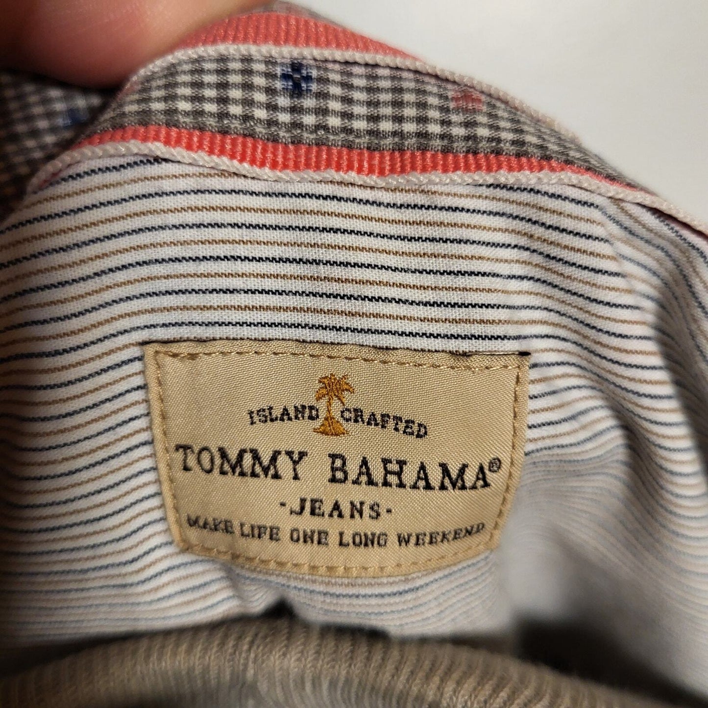 Tommy Bahama Jeans Blue Striped Cotton Shirt XL Collar Button Pocket