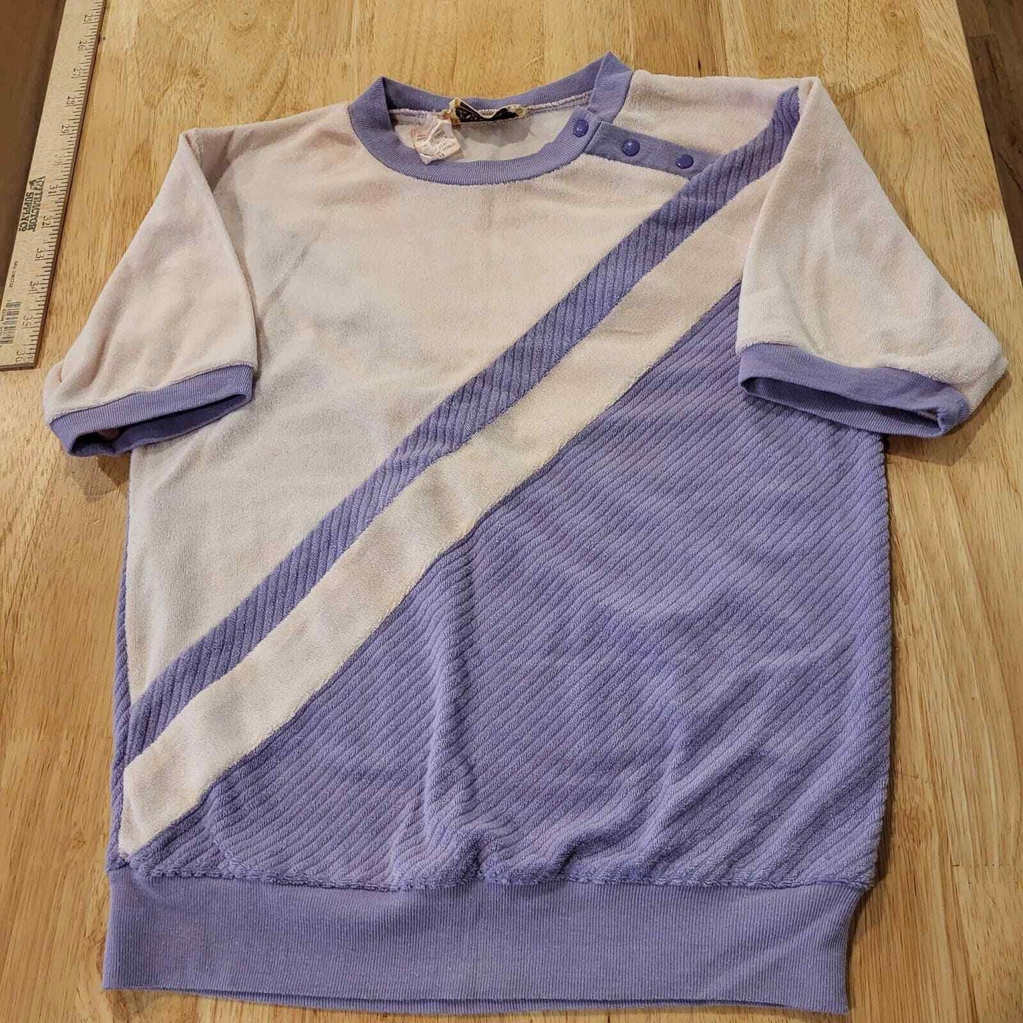 Purple and white geometric stripe vintage terry cloth elastic waist 17" pit2pit