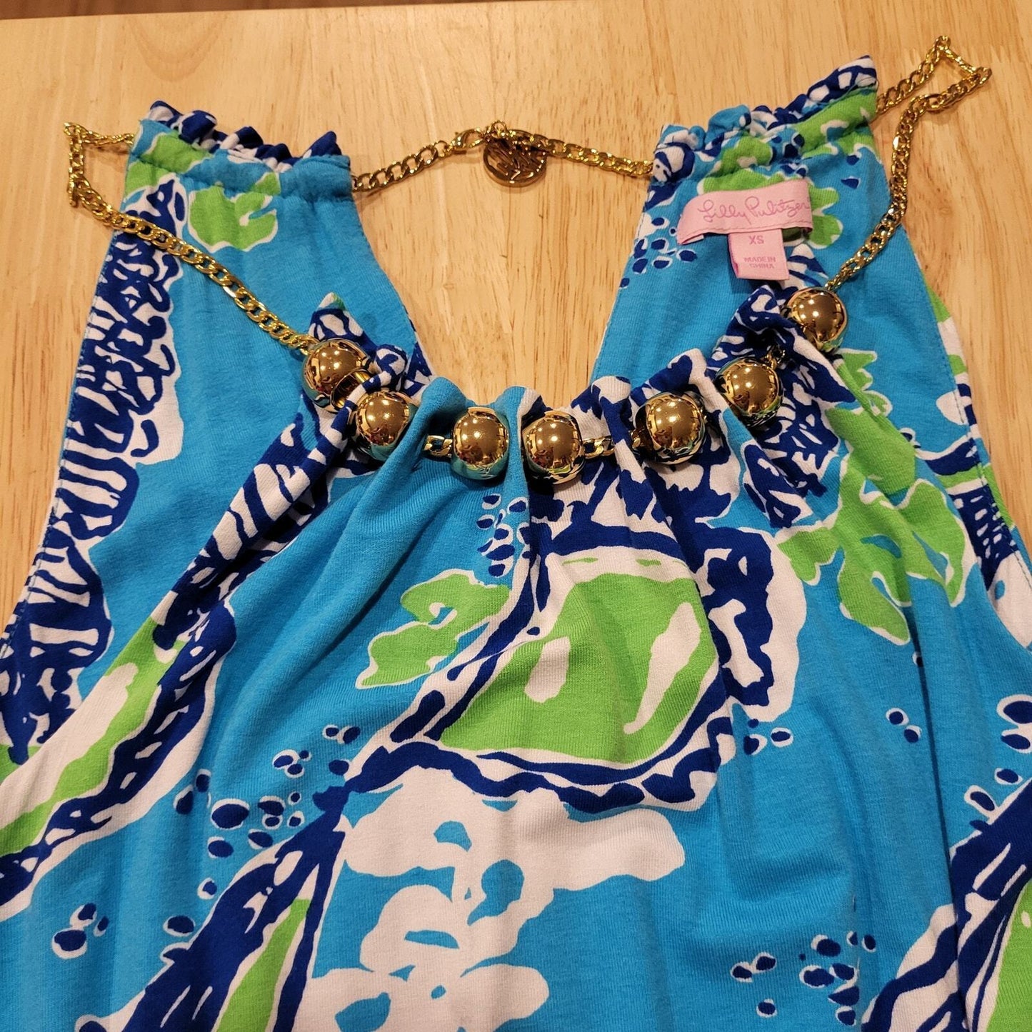 Lilly Pulitzer Calissi Sound The Horn Maxi Jersey Dress Gold Necklace Neckline