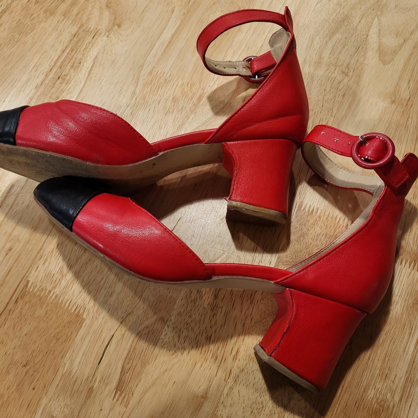 FSJ Red & Black Sling Back 1.5" Block Heel Strappy Round Toe Dance size 9 10"
