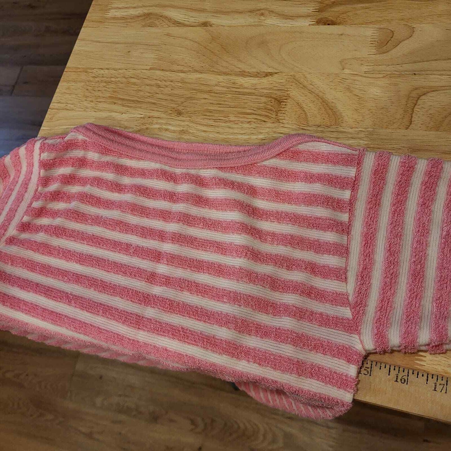 Vintage Pink Striped Terry Cloth Top Cap Sleeve Elastic Waist 15" Pit 2 Pit