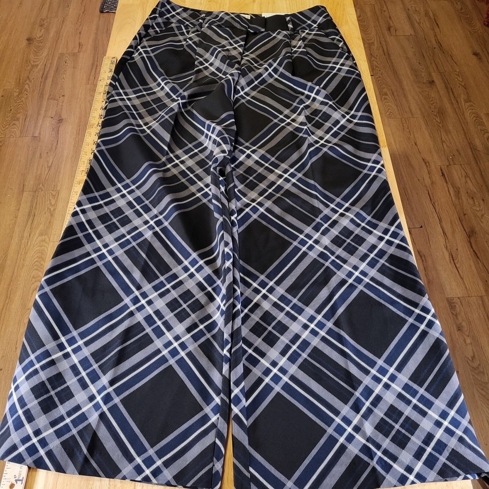 Nwt Cato Blue Plaid Wide Leg High Waisted Rayon Pants Size 14 32" Waist