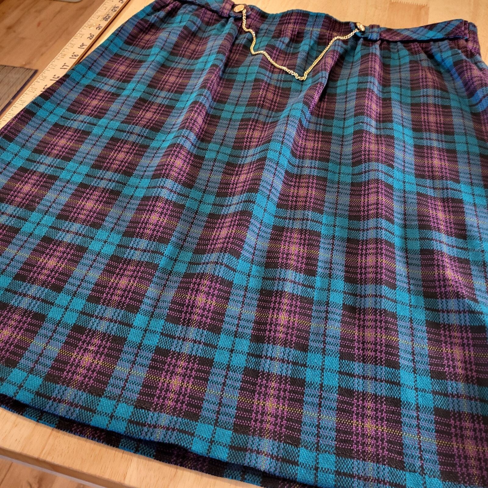 Vintage Tartan Plaid Purple Turquoise Knee Length Elastic Waist Gold Chain SZ18