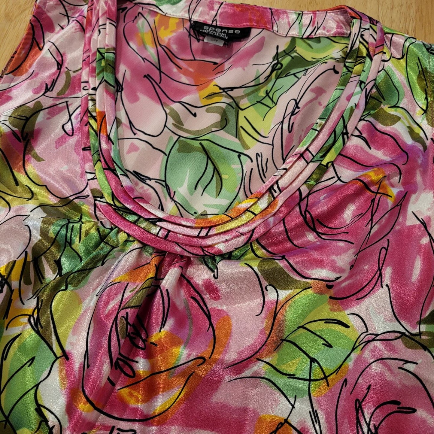 Satin Pink & Green Floral Rose Sleeveless Tank Blouse Spense Small