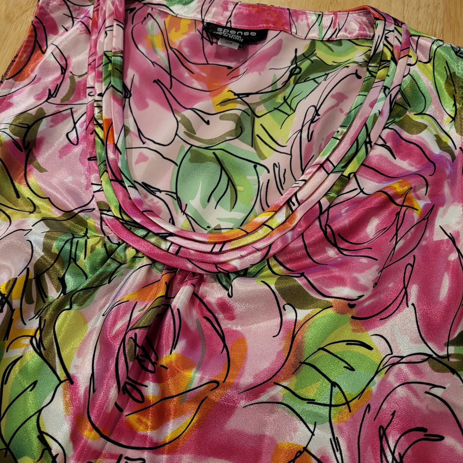 Satin Pink & Green Floral Rose Sleeveless Tank Blouse Spense Small