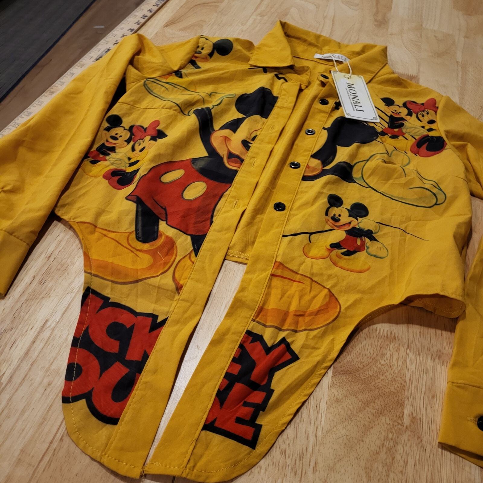 NWT Monali Yellow Cotton Mickey Mouse Blouse Tie Front Collared Button Down 