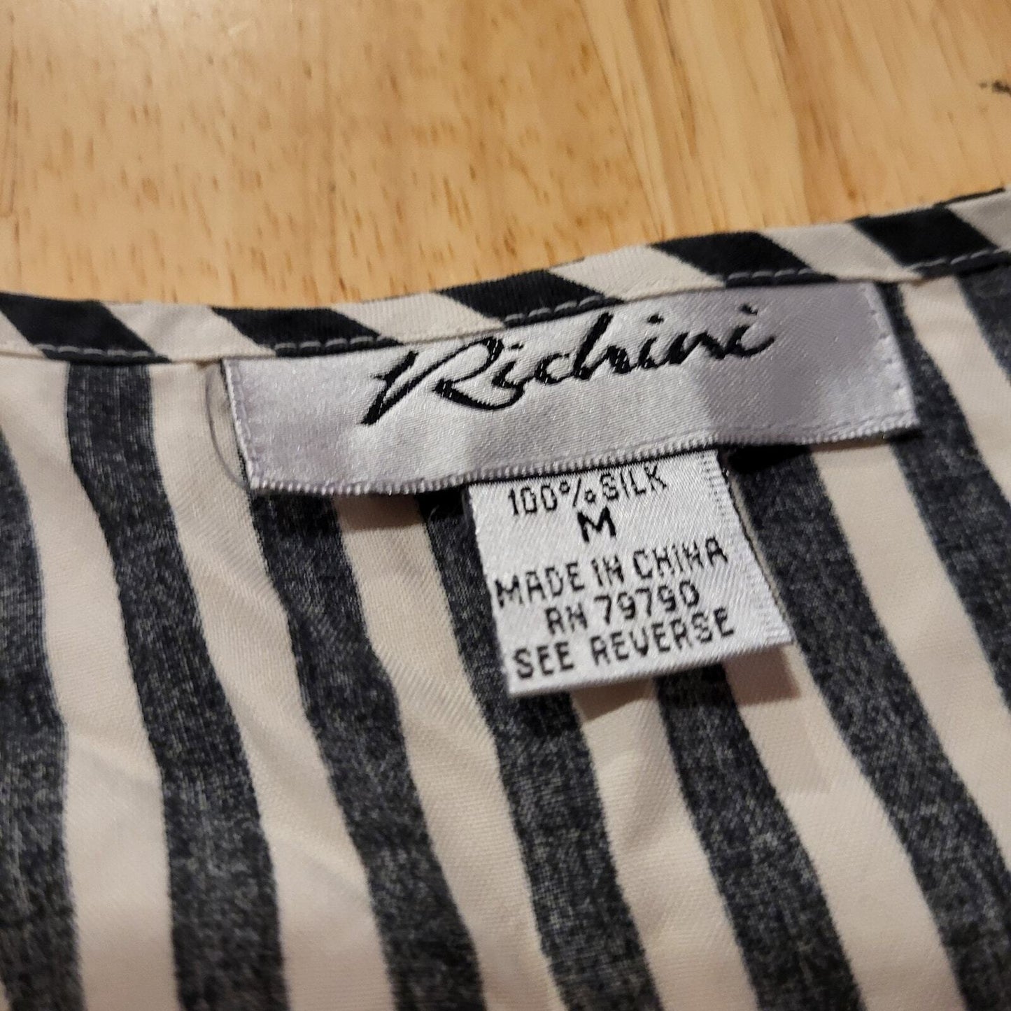 Vintage Black & White Striped Button Front Long Sleeve Blouse Medium