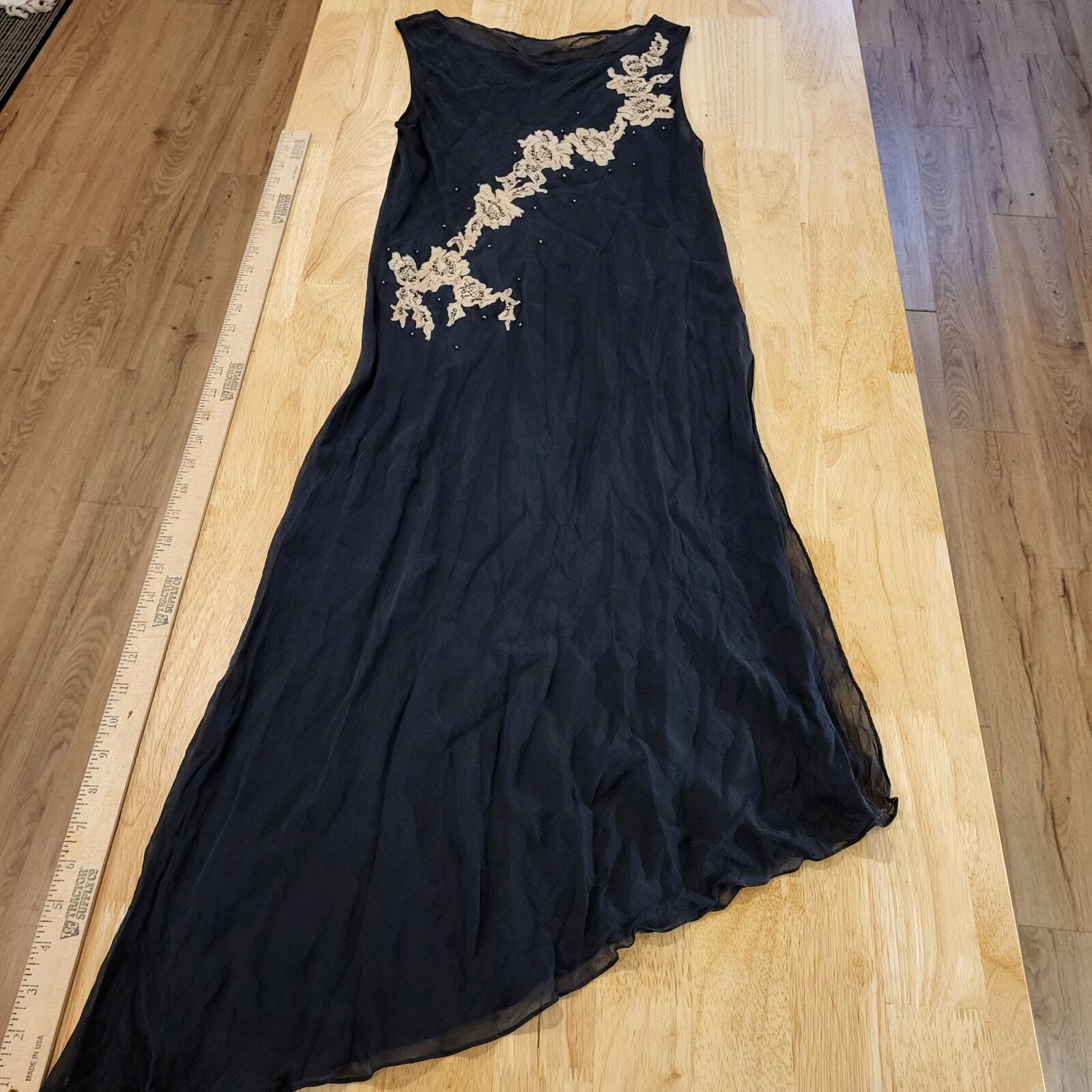 Black Silk Sheer Sleeveless Asymmetrical Floral Embroidered Dress 16" pit 2 pit