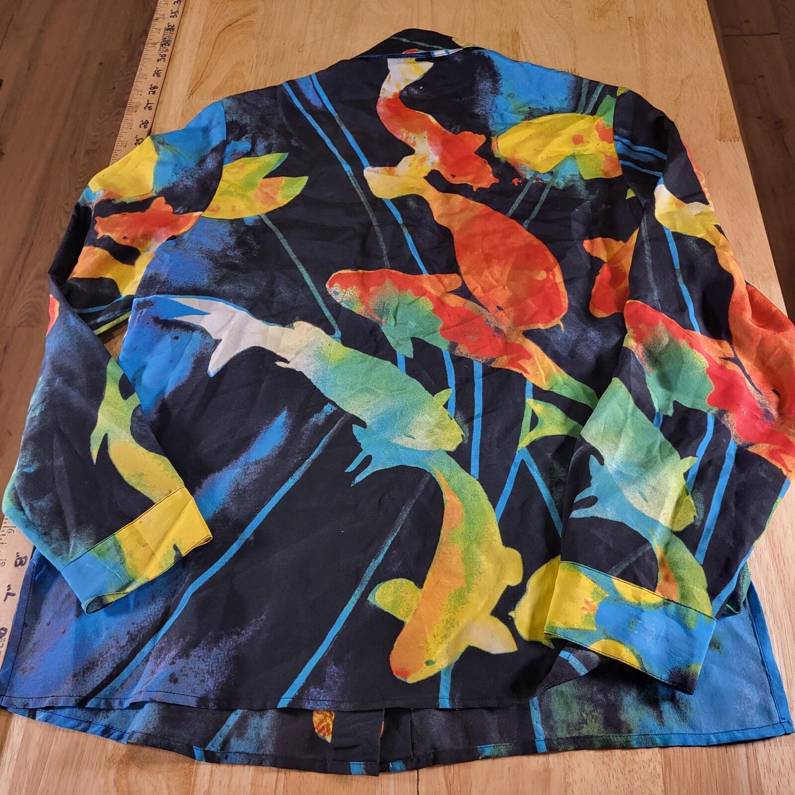 Nicole Taylor 100% Silk Batik Dyed Beaded Koi Fish Blouse  Collared. Button Down