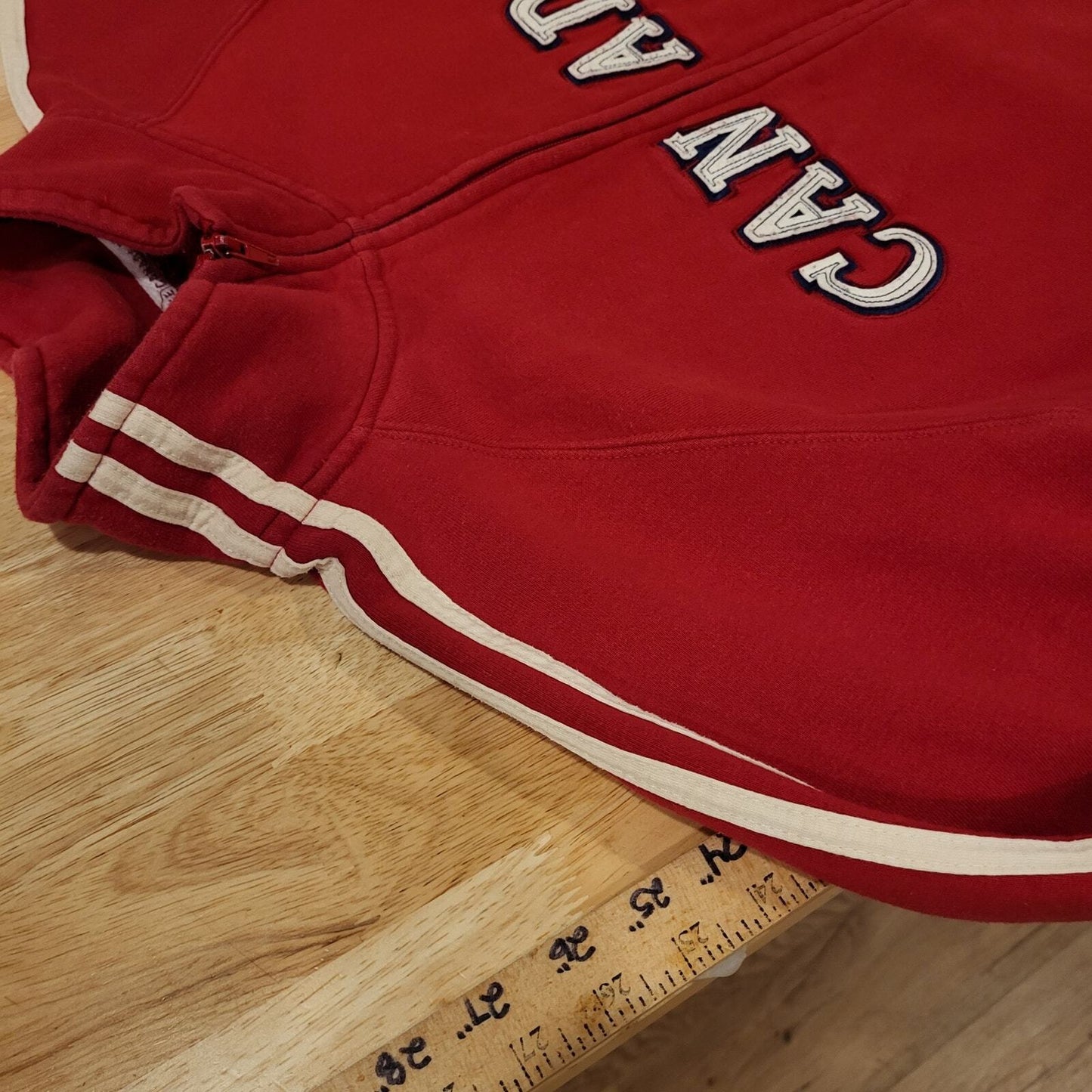 Red Strong and Free Full Zip Canada Sweatshirt Stripe Sleeves XL 25" P2P