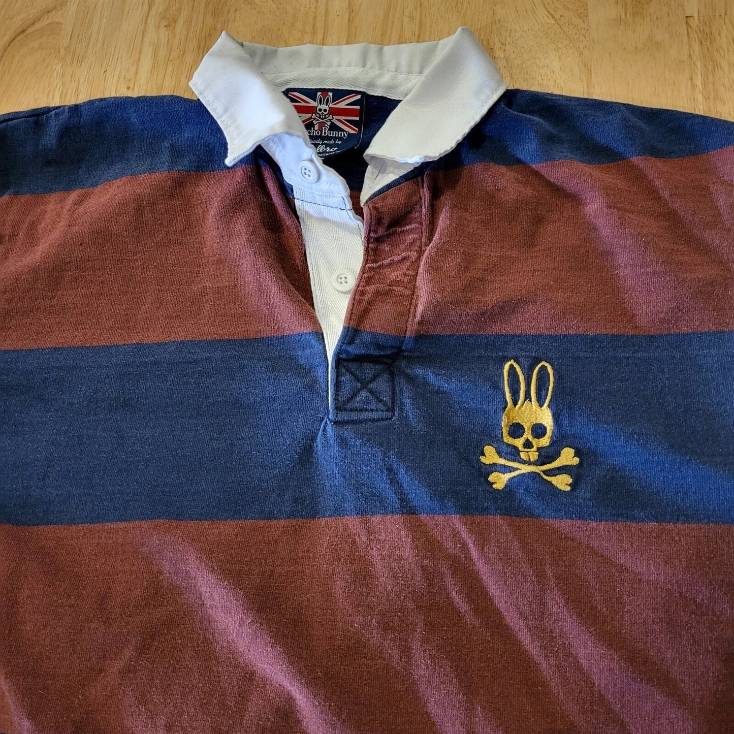 Psycho Bunny Maroon & Blue Rugby Shirt White Collar Logo (see bleach marks) 
