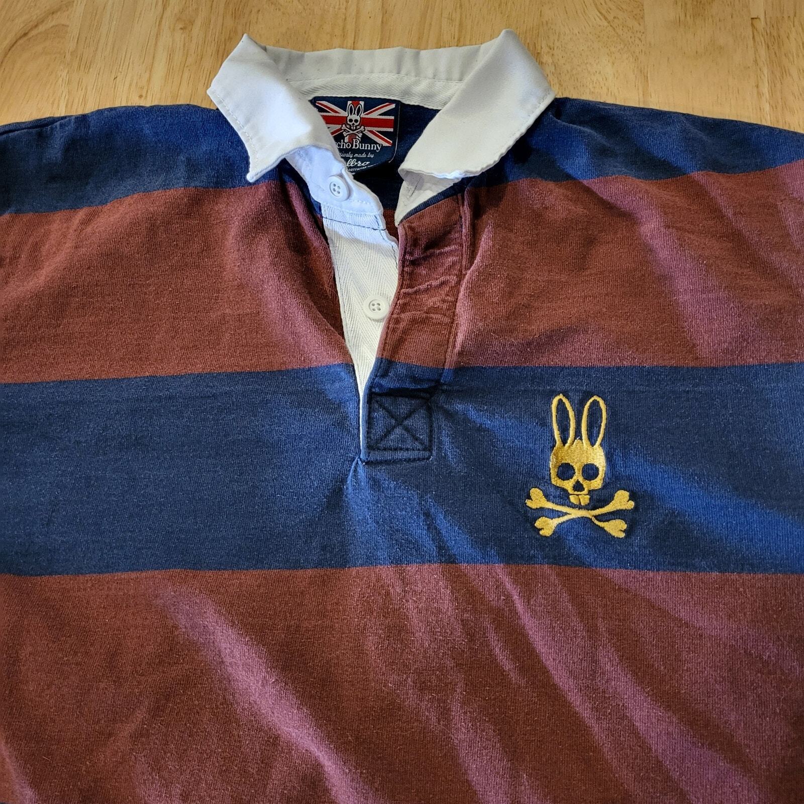 Psycho Bunny Maroon & Blue Rugby Shirt White Collar Logo (see bleach marks) 