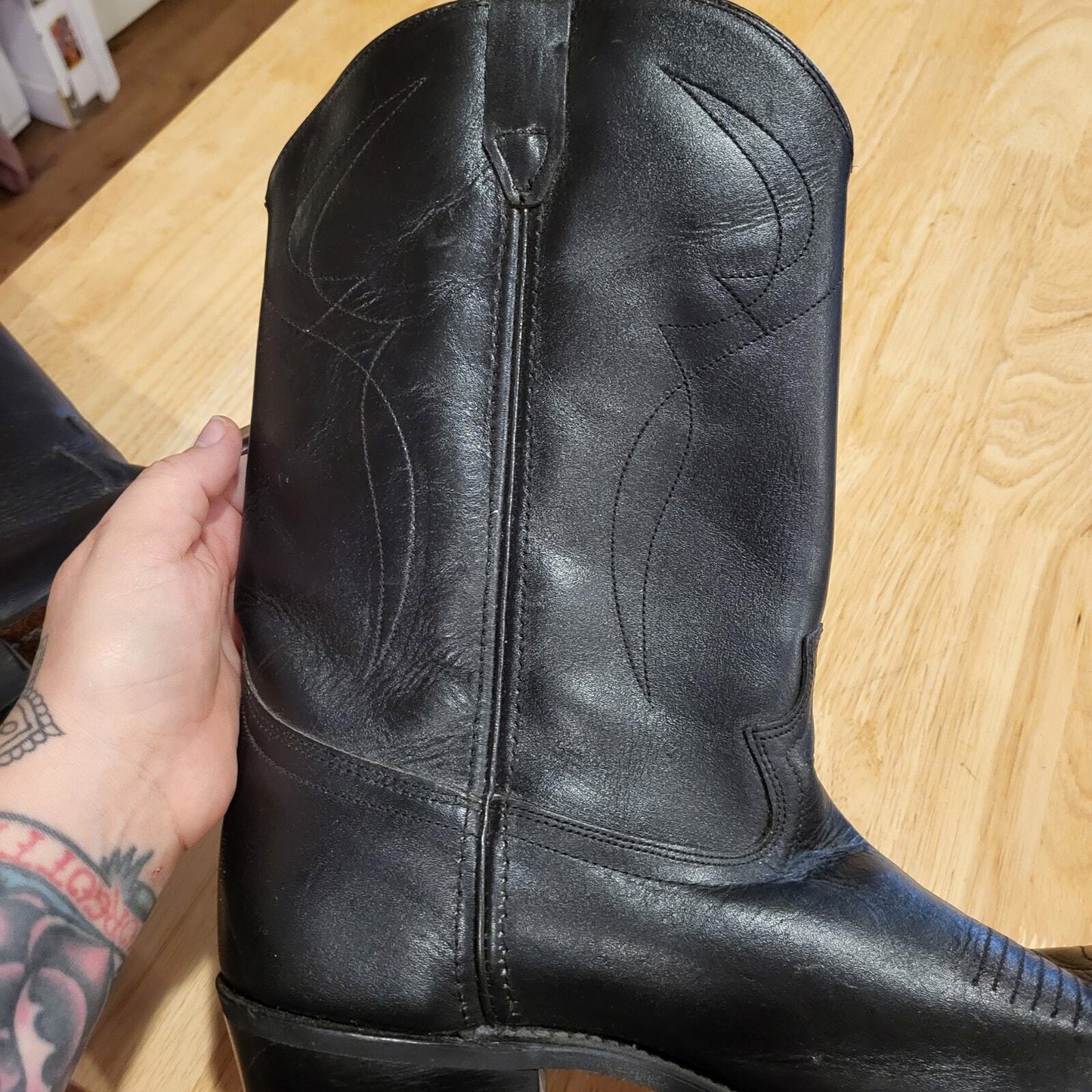 Black leather 12D Cowboy Boots 1" Heel 14" Height Johnny Cash Pointed western