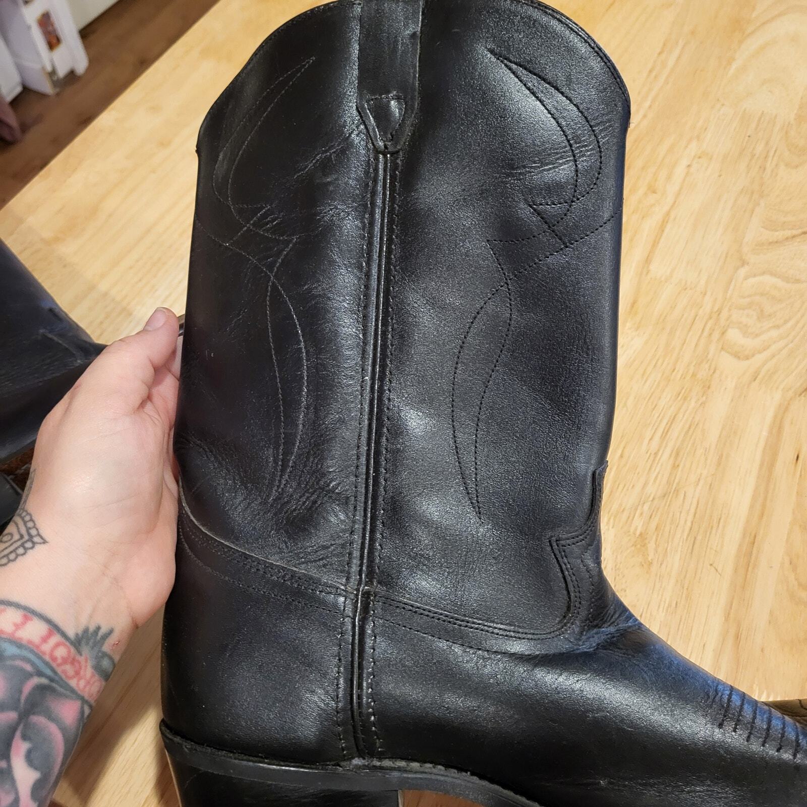 Black leather 12D Cowboy Boots 1" Heel 14" Height Johnny Cash Pointed western