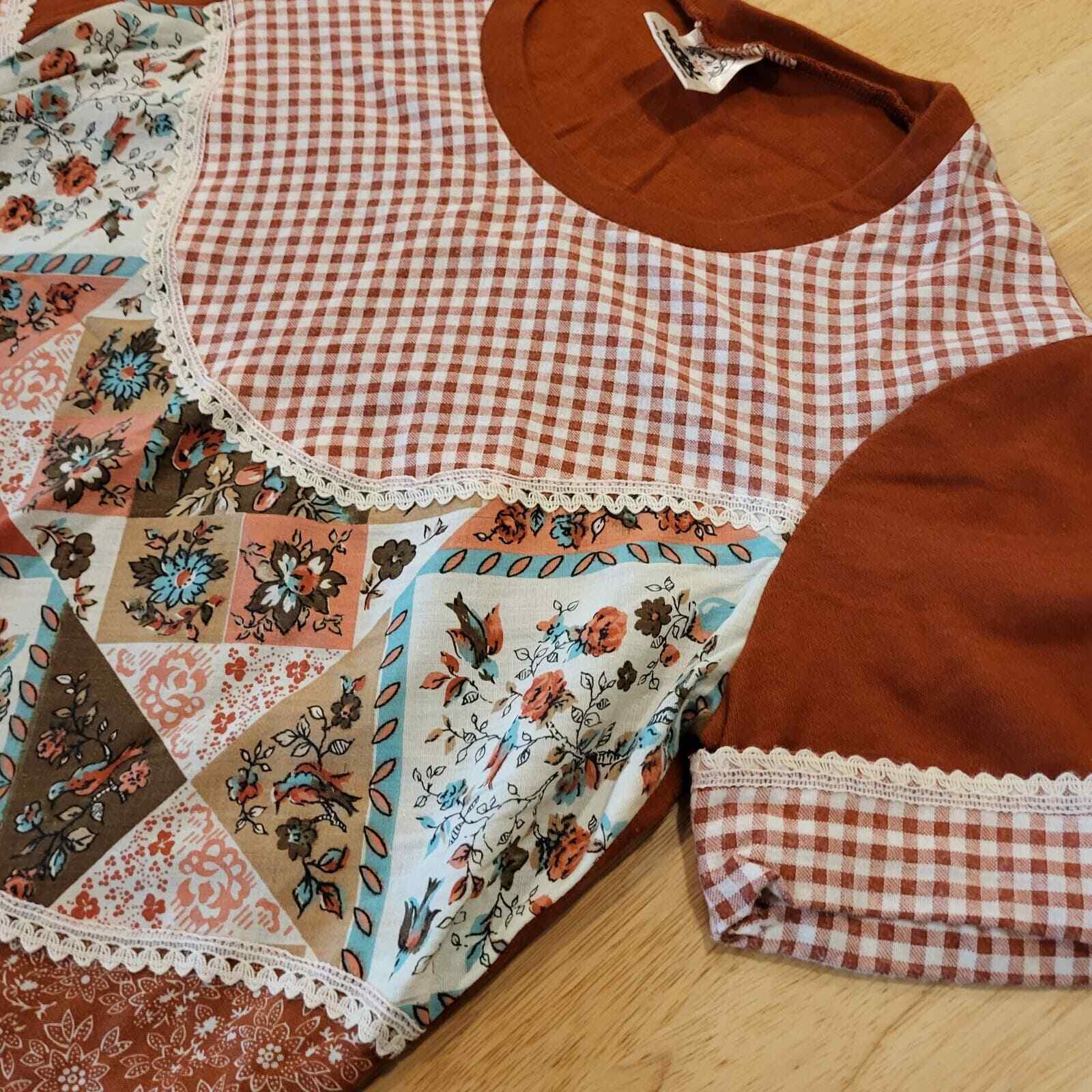 Vintage Jersey patchwork Brown top short sleeve lace trim gingham