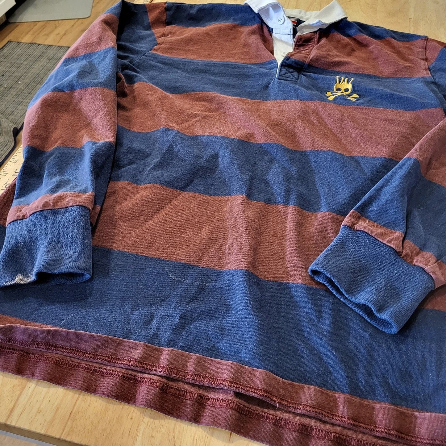 Psycho Bunny Maroon & Blue Rugby Shirt White Collar Logo (see bleach marks) 