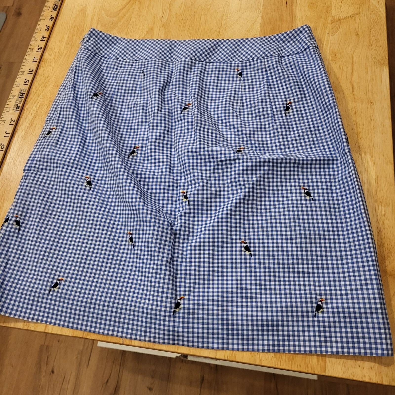 Talbots Blue Gingham Parrot Embroidered Cotton Pencil Skirt Invisible Zip 6
