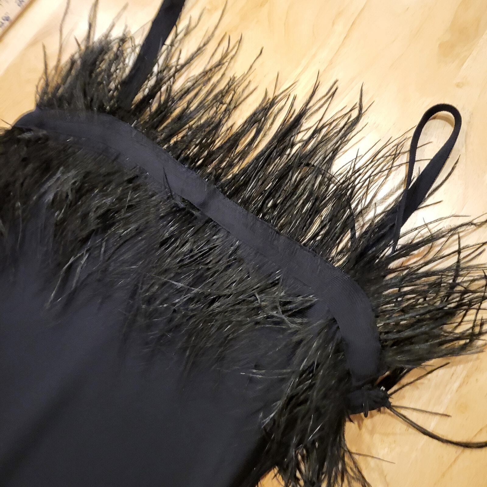 Staud Etta Black Feather Bodycon Spaghetti Strap Dress XS