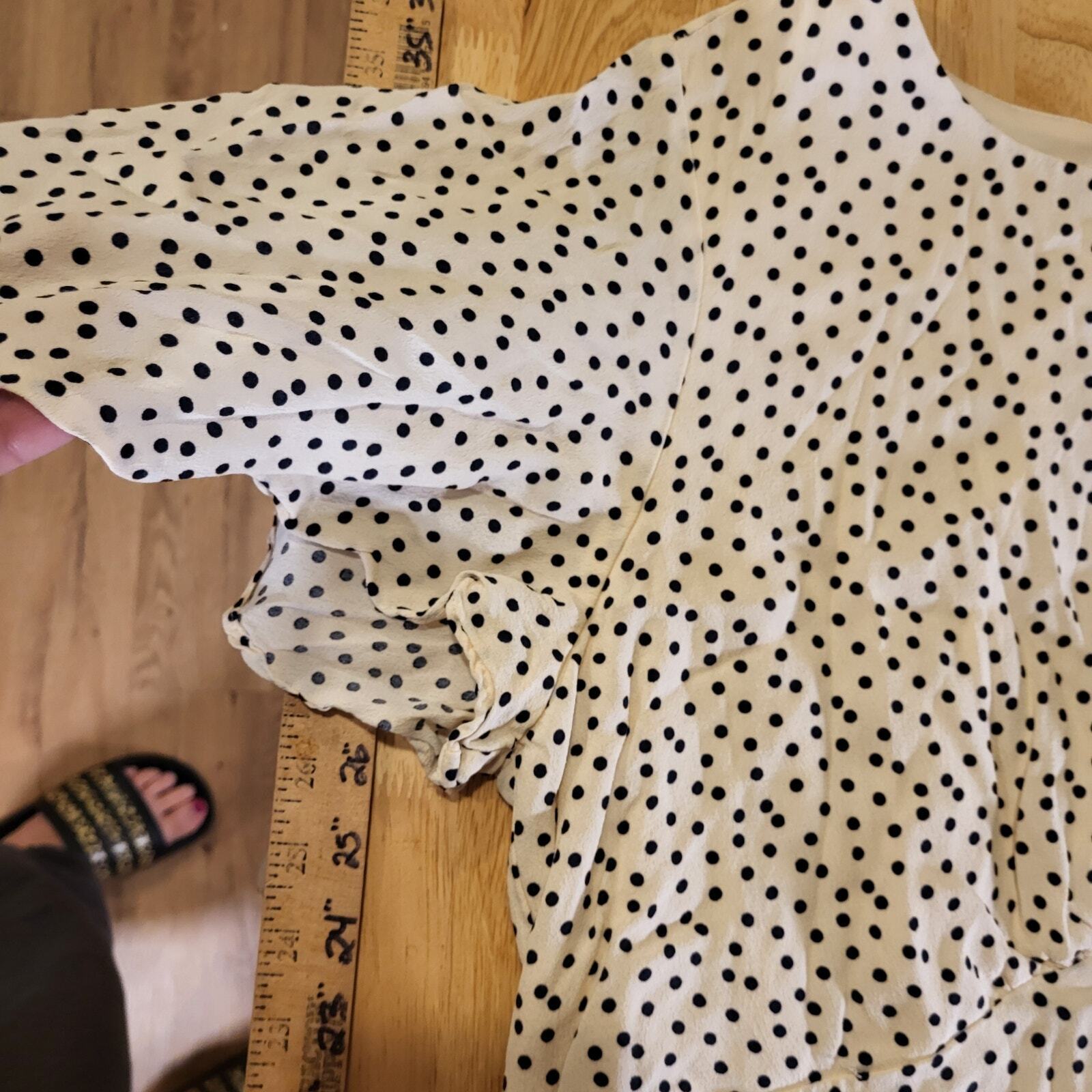 Flutter Sleeve Open Back Black & White Polka Dot Silk Rayon Blend XS 16" P2P