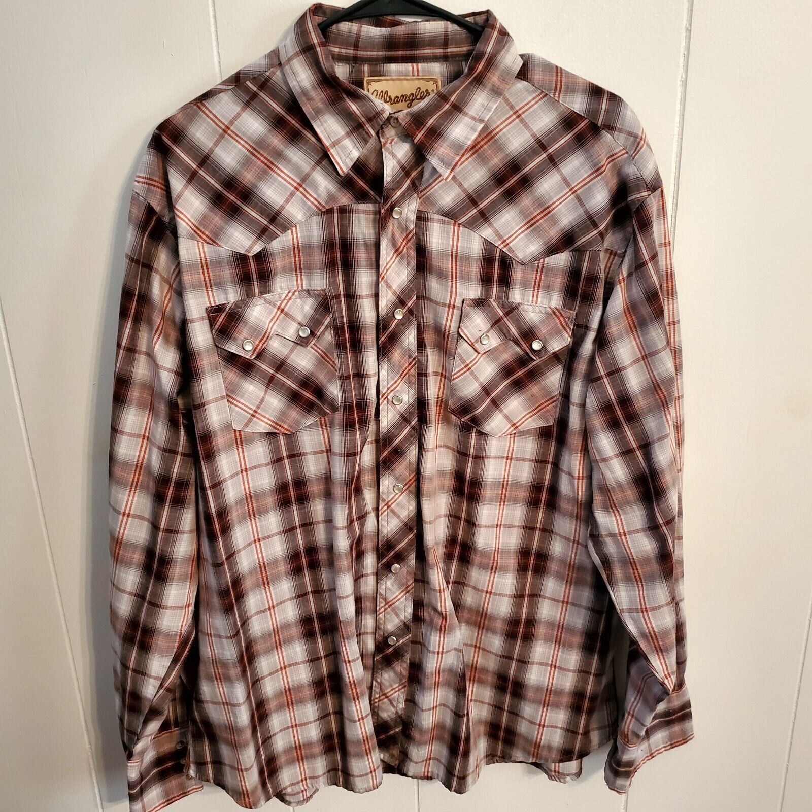 Vintage Wrangler Pearl Snap Medium Long Sleeve Button Down Brown Plaid  26" P2P