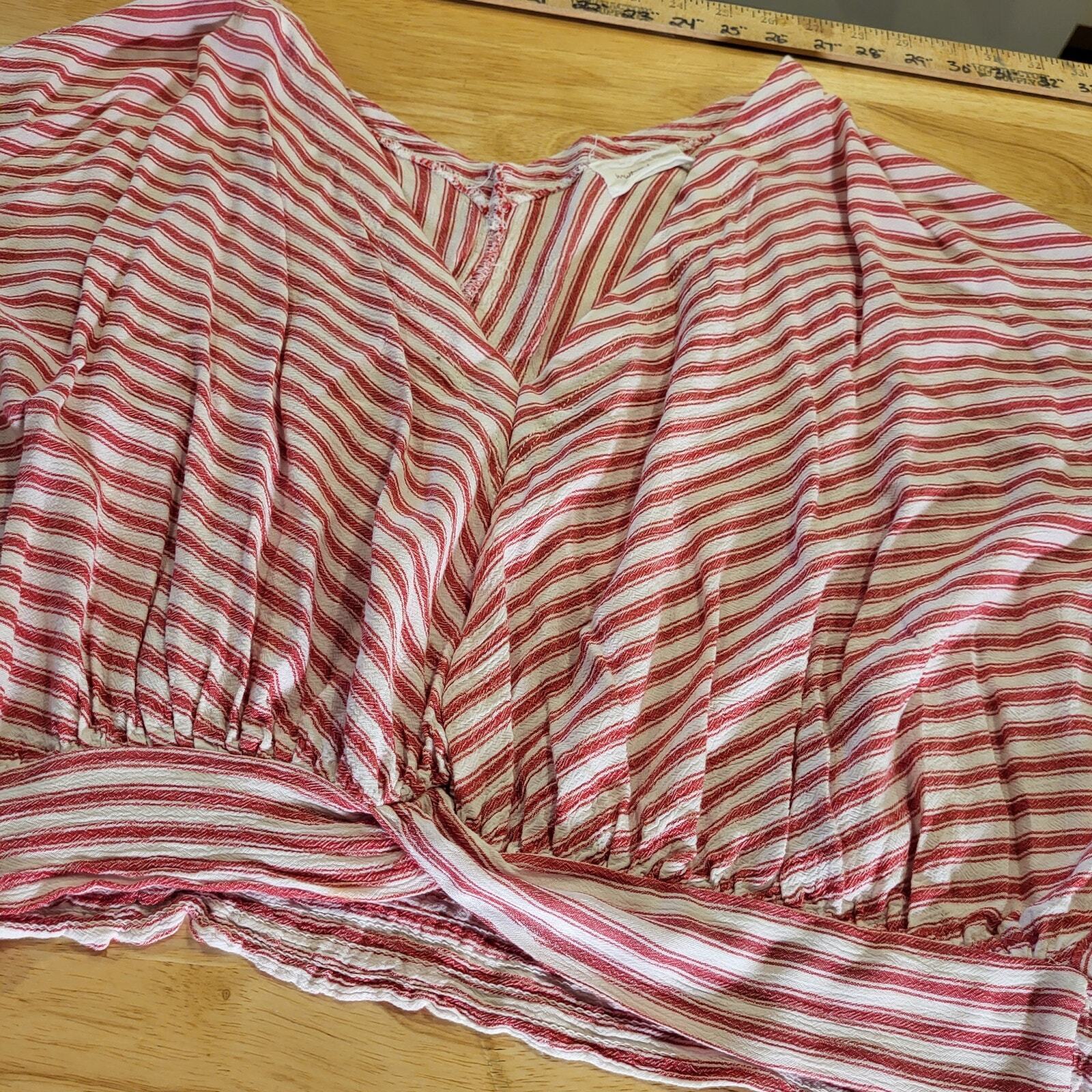 Red & White Striped Mustard Seed Soft Blouse V Neck Short Sleeve