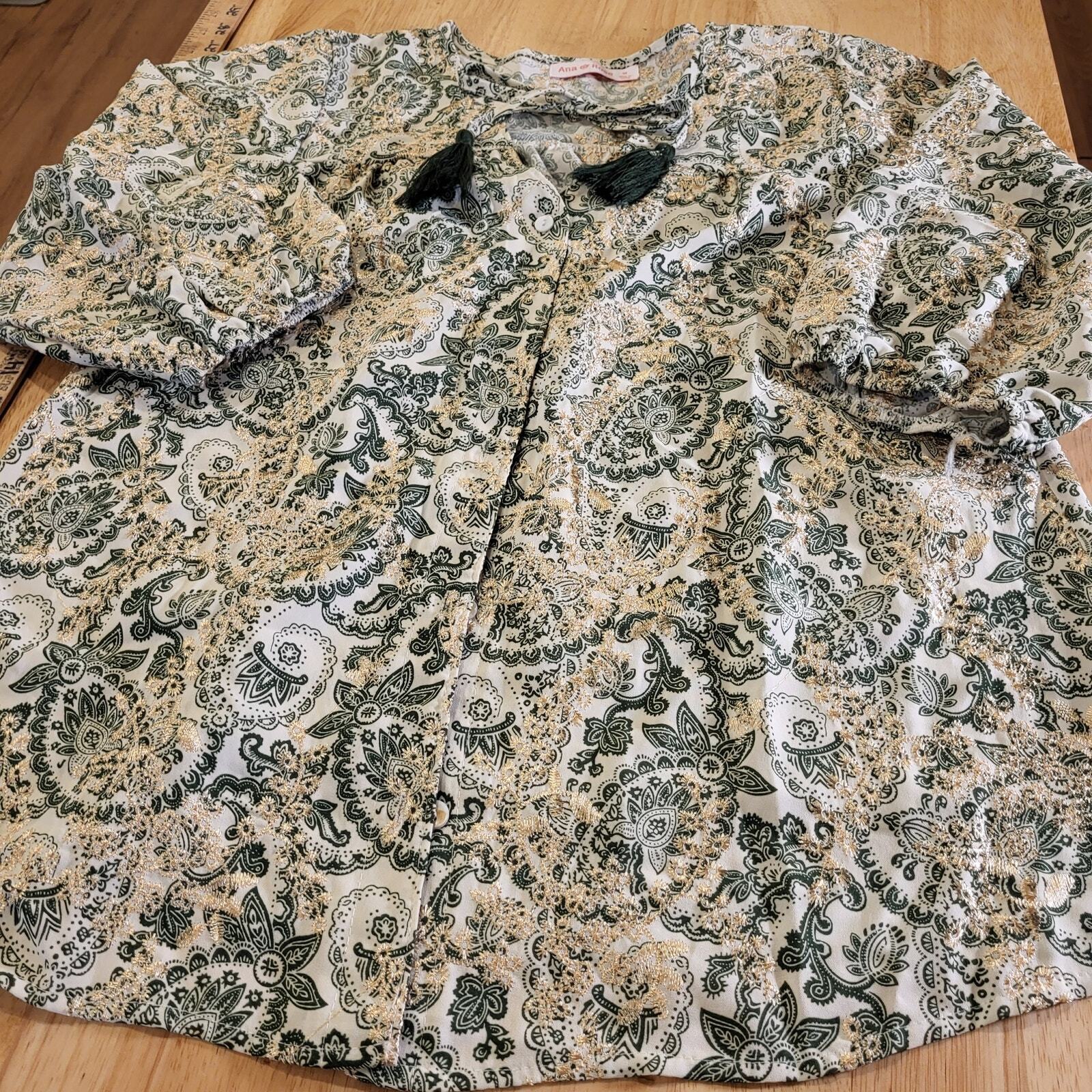 Paisley Green & Cream Ballon Sleeve Blouse All Over Embroidery medium Tassel Tie