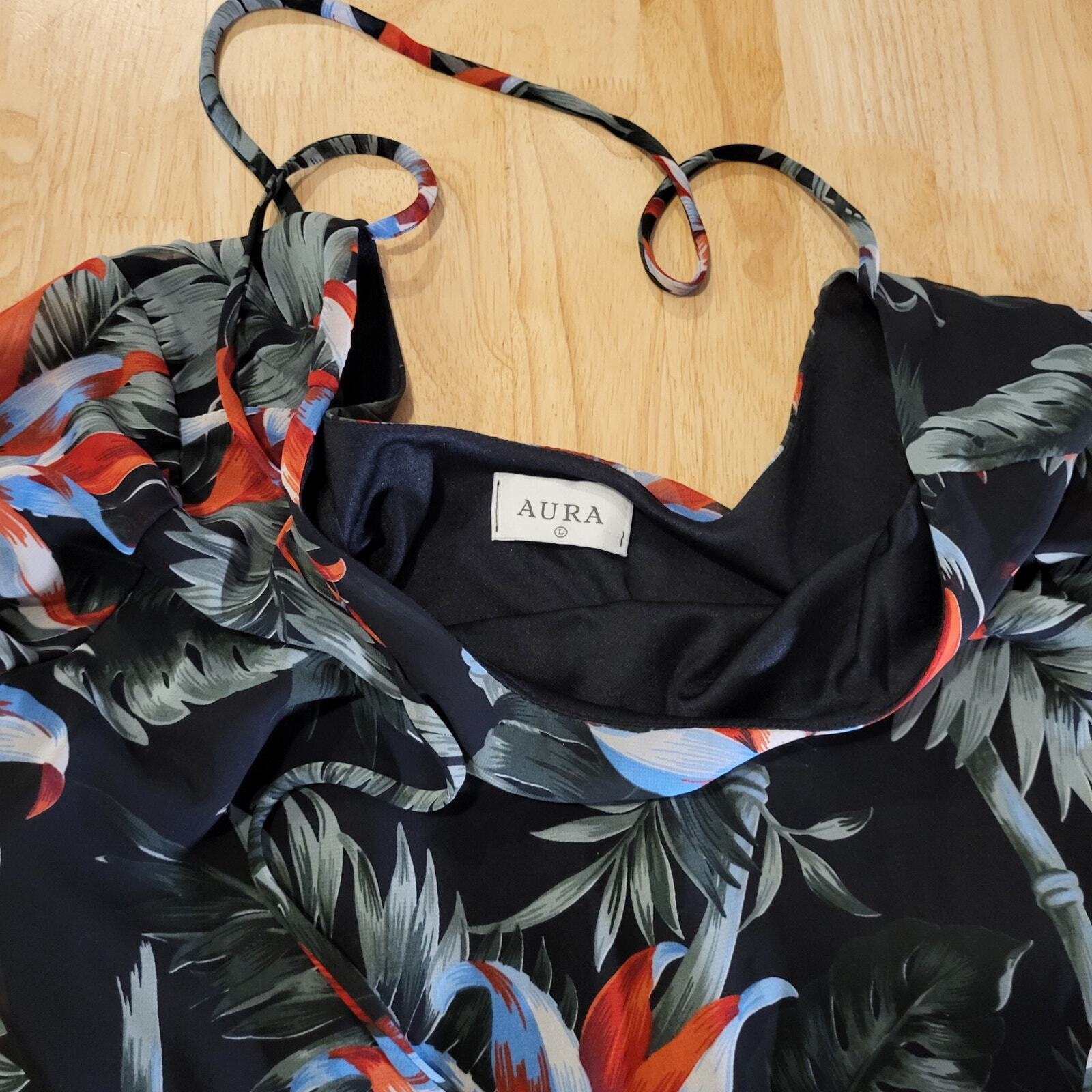 Aura Large Botanical Print Flowy Knee Length Dress Tie Back Empire Lined Sleeve