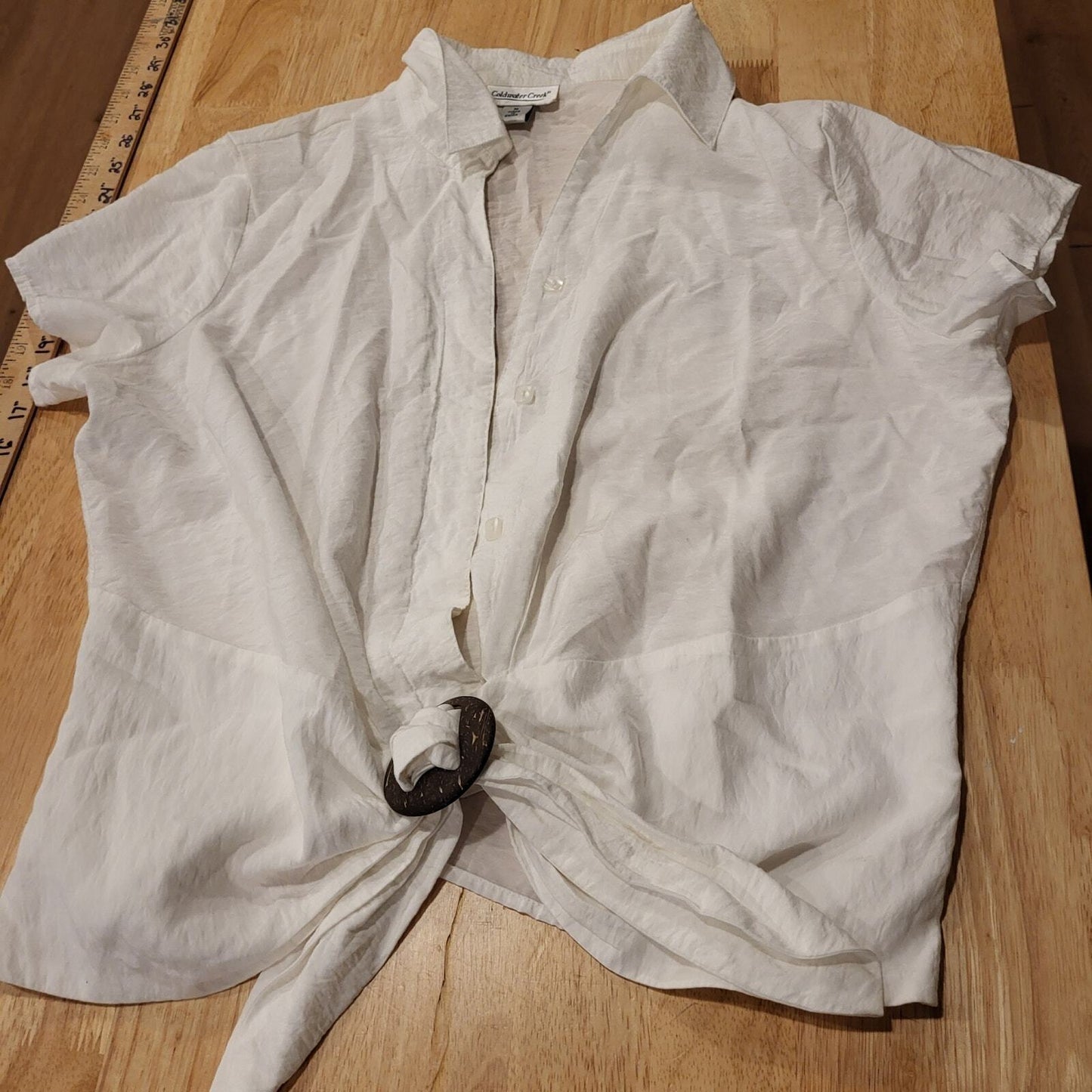 White Coldwater Creek Cotton Blend Short Sleeve Tie Front Button Down M
