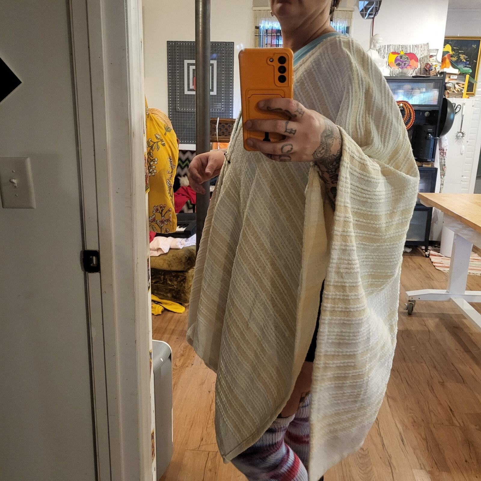 Hand Made Knit Yellow & White Striped Poncho Shawl Open Front Pin 