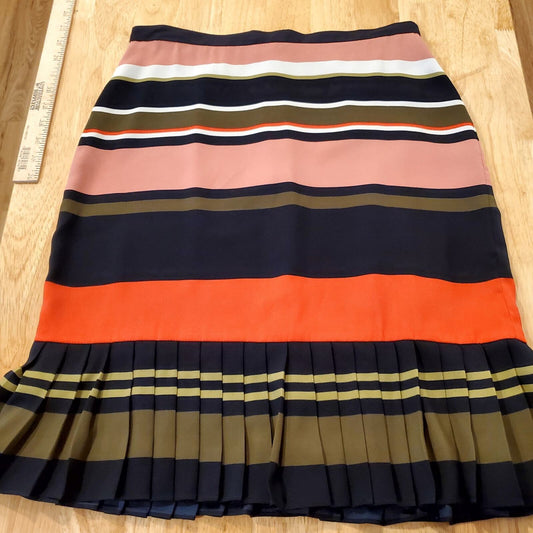 Ann Taylor Petite Knee Length Striped Skirt Pleated Hem Red Blue Pencil