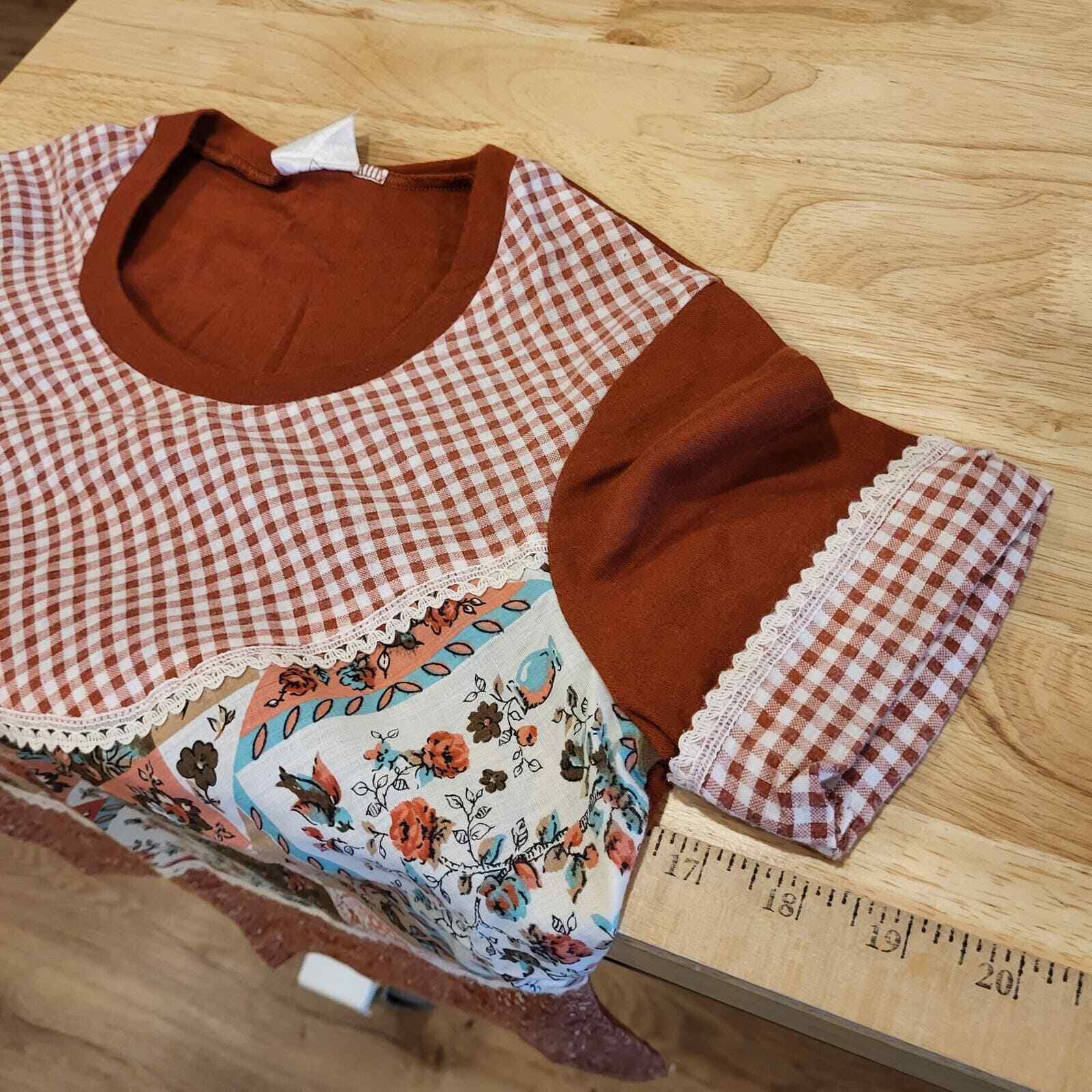 Vintage Jersey patchwork Brown top short sleeve lace trim gingham