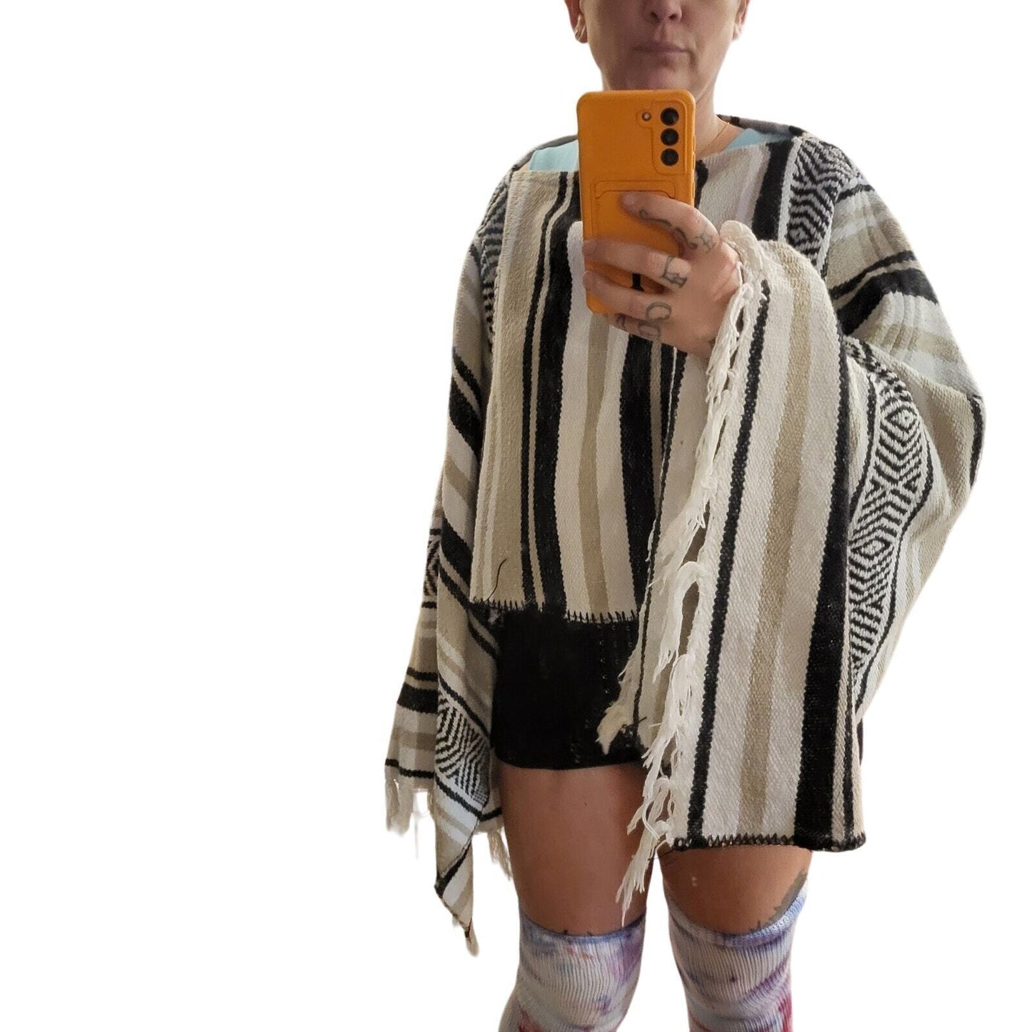 Handmade Mexican Gray Black Striped Poncho Two Ways To Wear Cotton Blend 