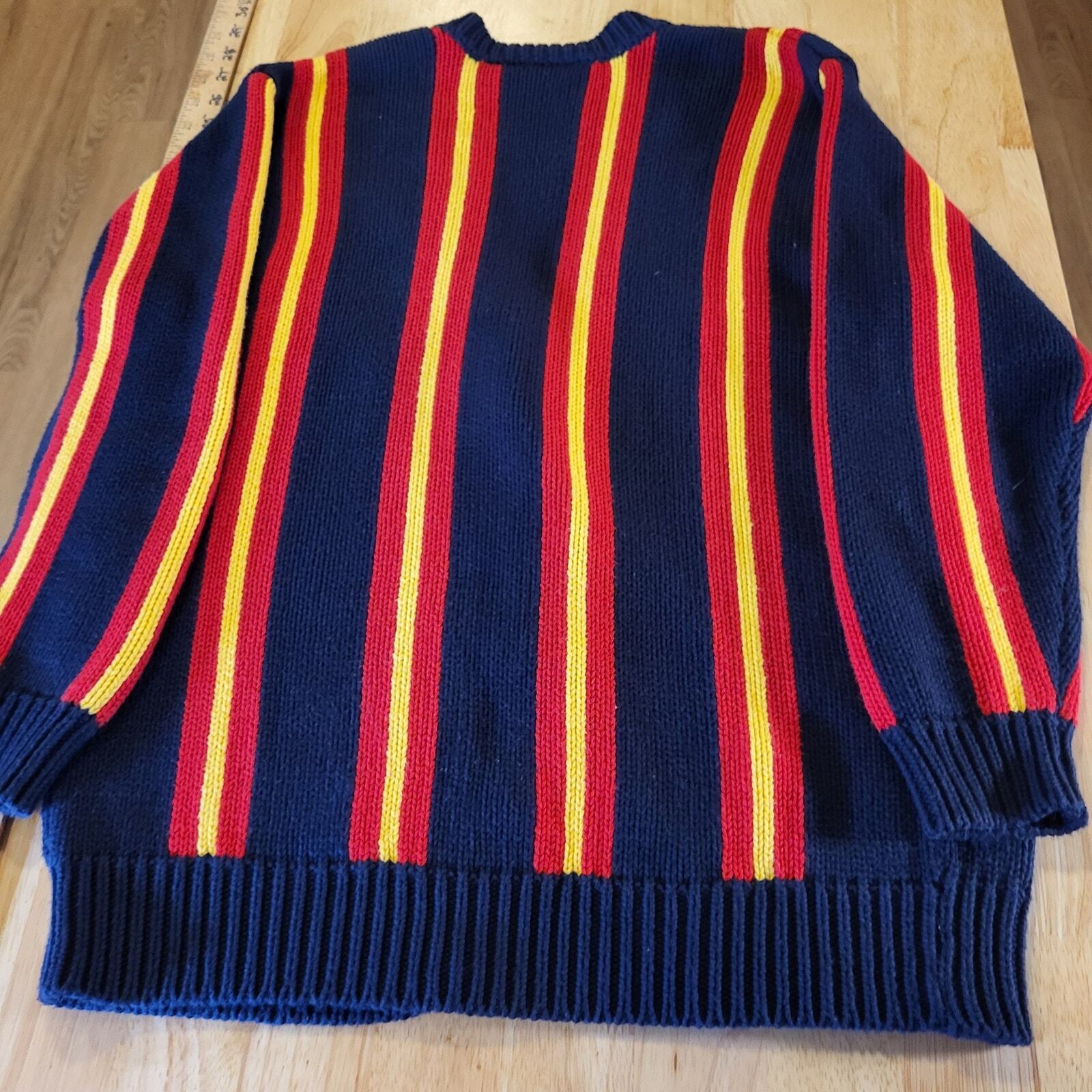 Vintage 90's Liz Claiborne Blue Cardigan Sweater Yellow & Red Stripe Preppy P