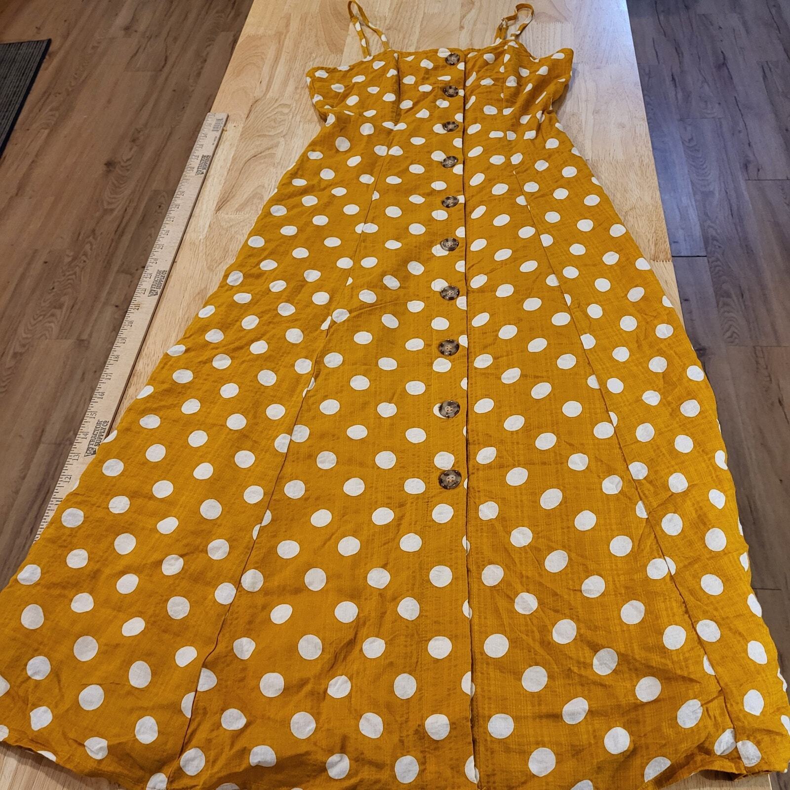 Rebellion Mustard Yellow Polka Dot Strappy Dress Small Button 16" p2p 14" Waist