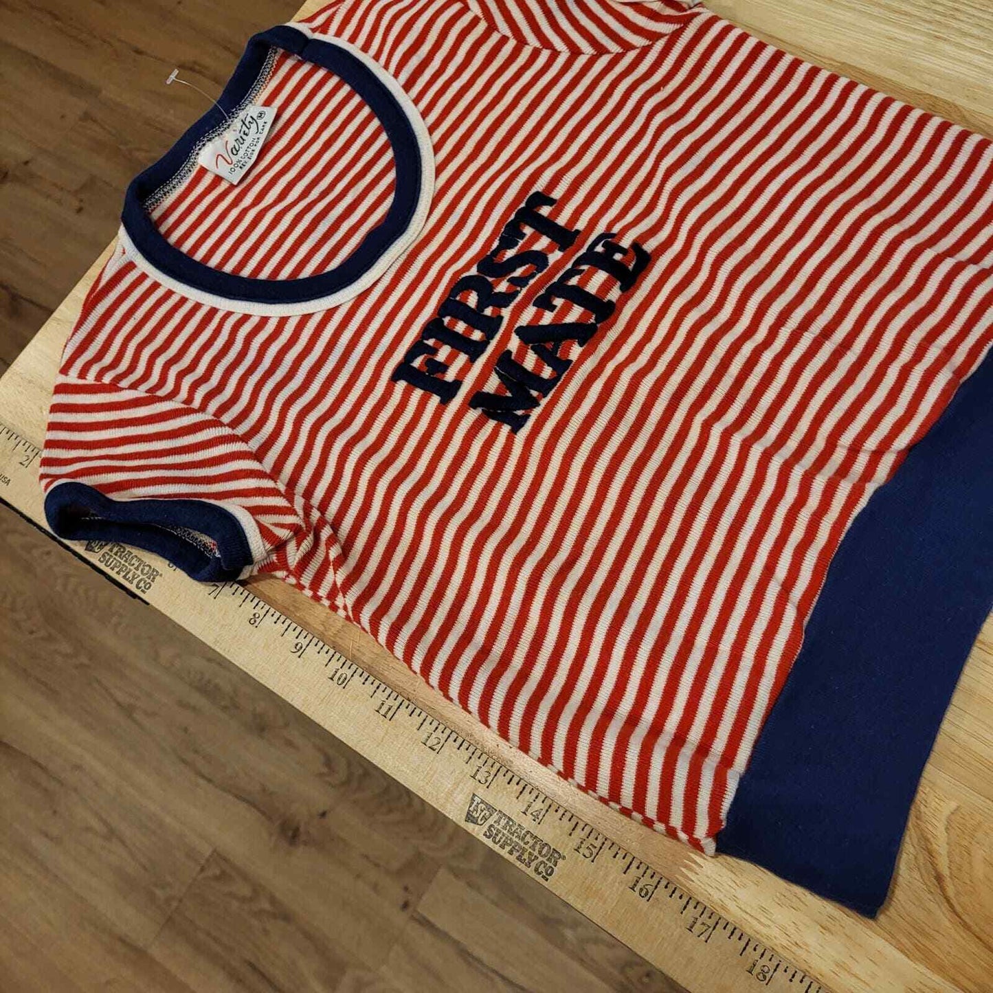 Vintage Red White Blue Striped First Mate Knit 100% Cotton Short Sleeve T-shirt