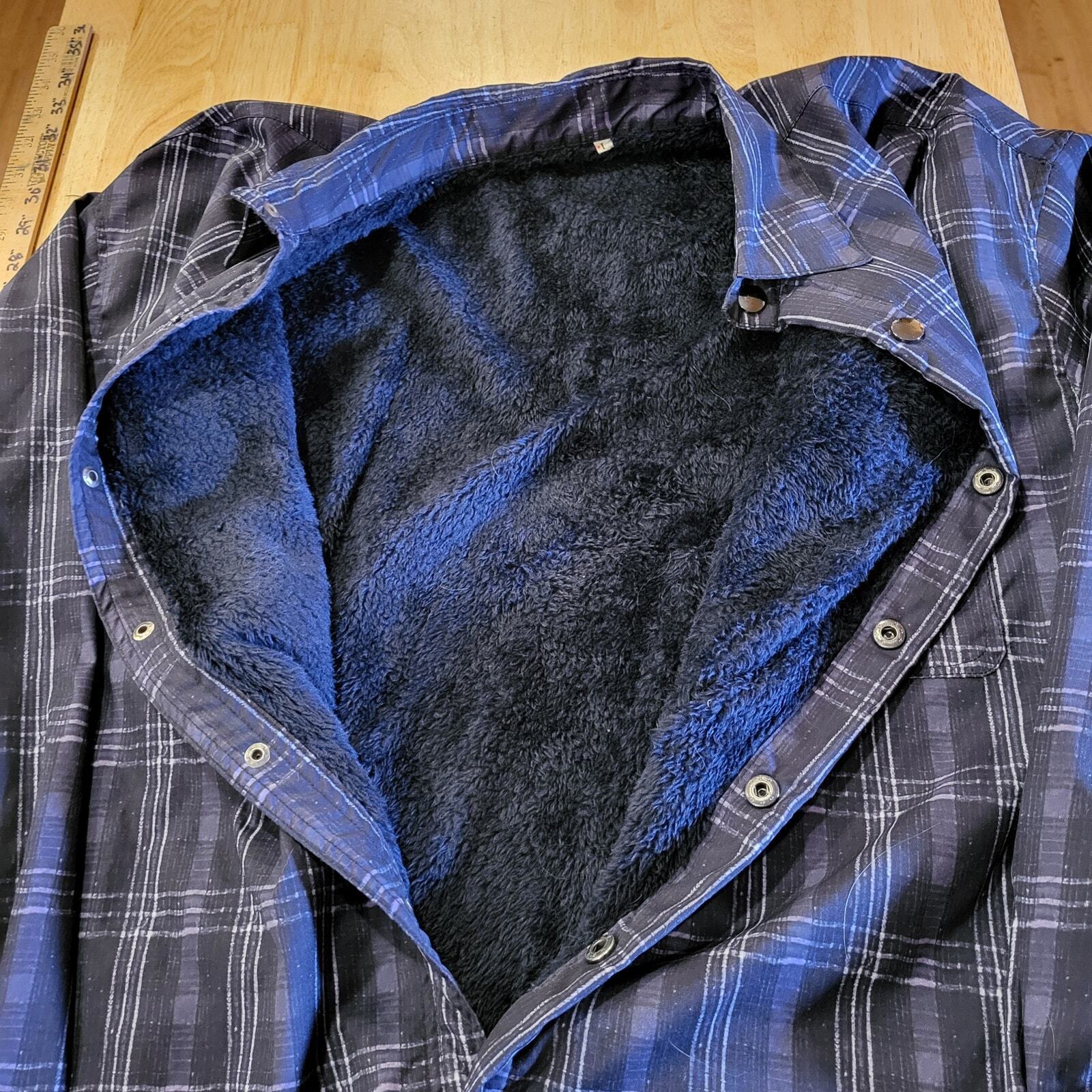 Blue Plaid Nylon Snap Button Collared Coat Fleece Lined Pockets 23" p2p 28" L