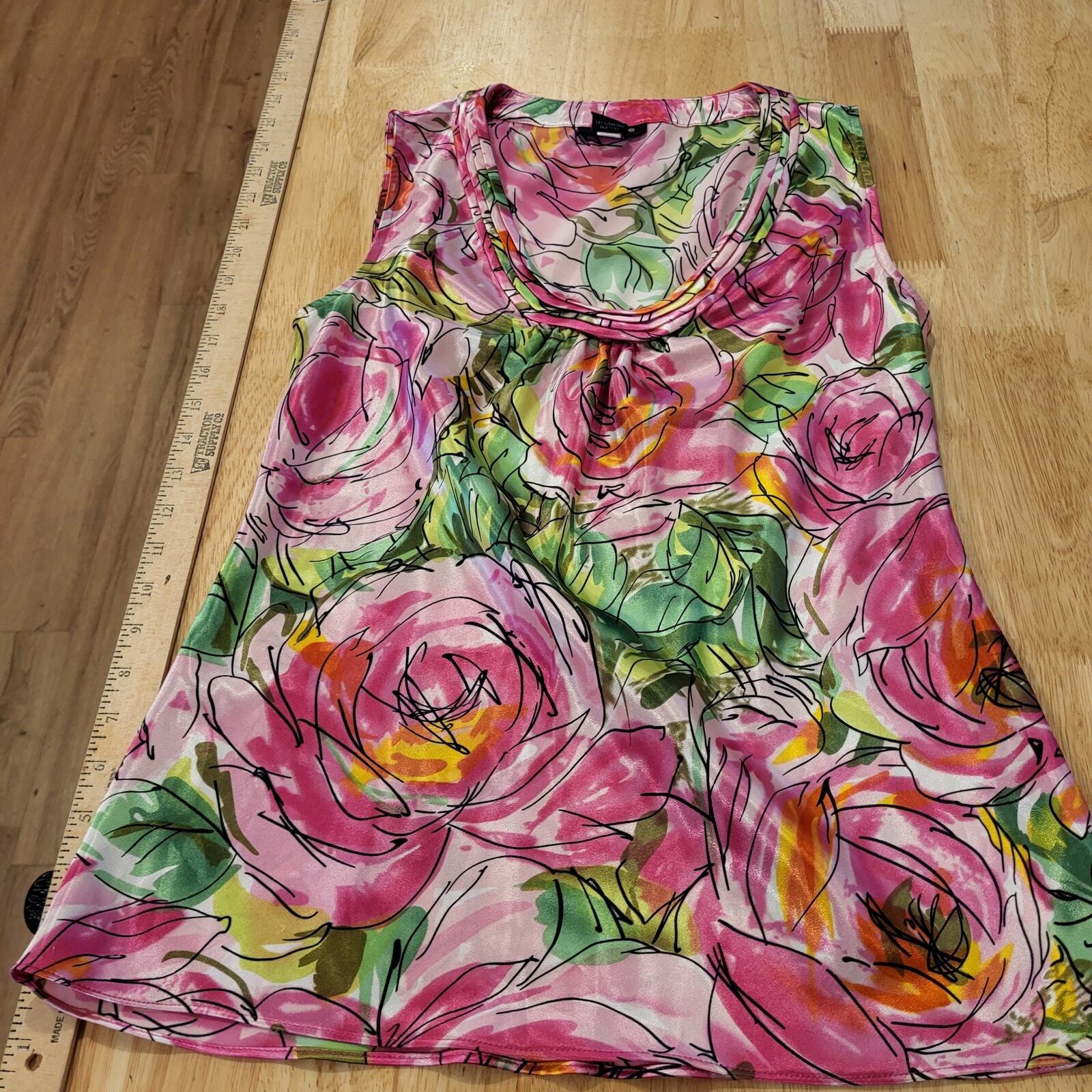 Satin Pink & Green Floral Rose Sleeveless Tank Blouse Spense Small