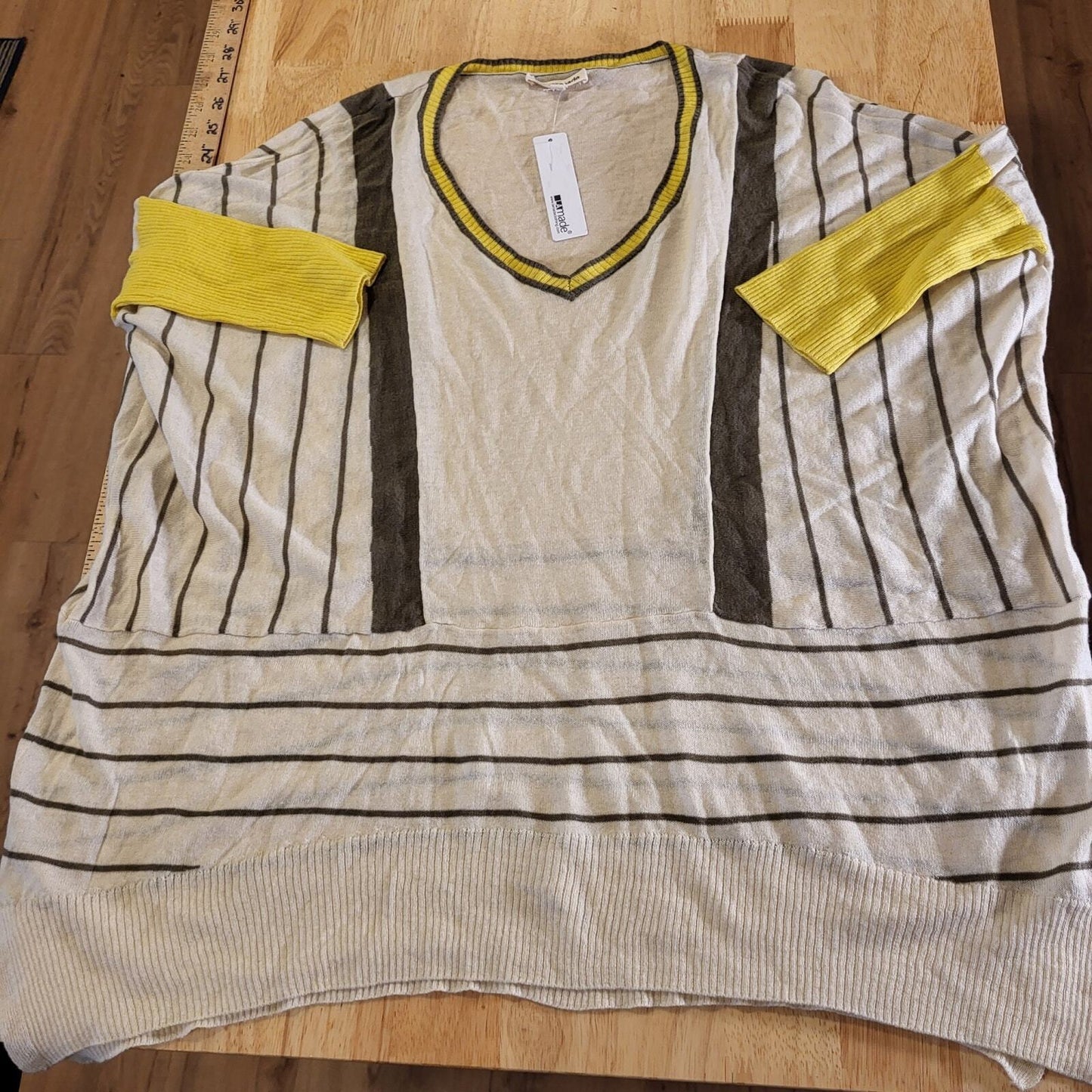 NWT La Made Yellow White Cotton Wool Cashmere Blend Stripe V-Neck Sweater