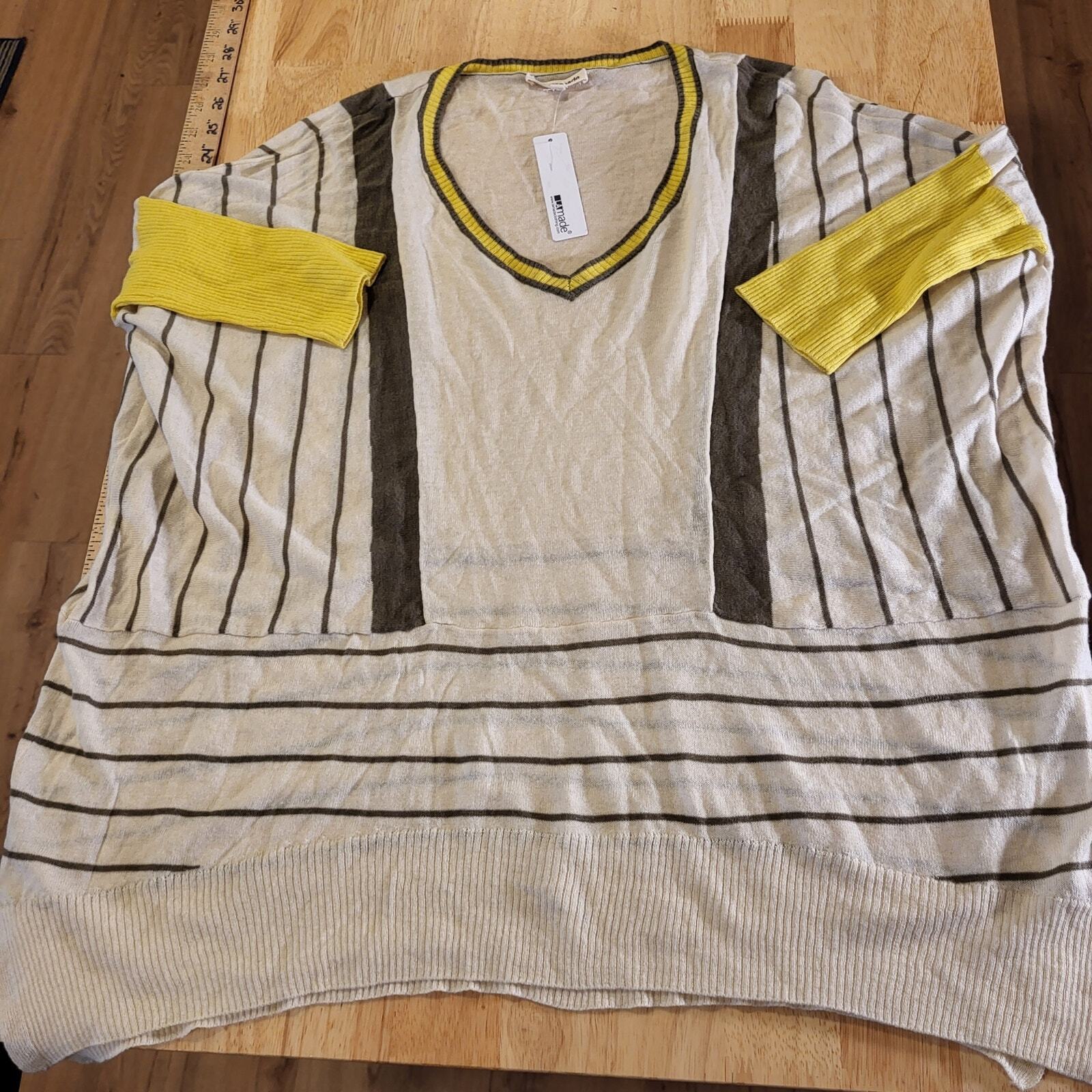 NWT La Made Yellow White Cotton Wool Cashmere Blend Stripe V-Neck Sweater