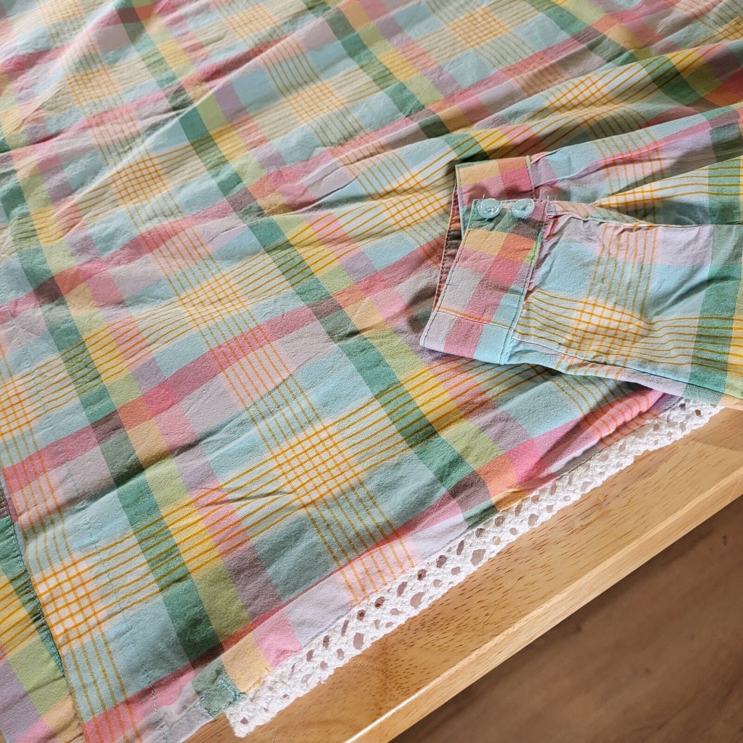 Crown & Ivy Pastel Plaid Ruffle Collar 3/4 Sleeve 25" Long 23" P2P