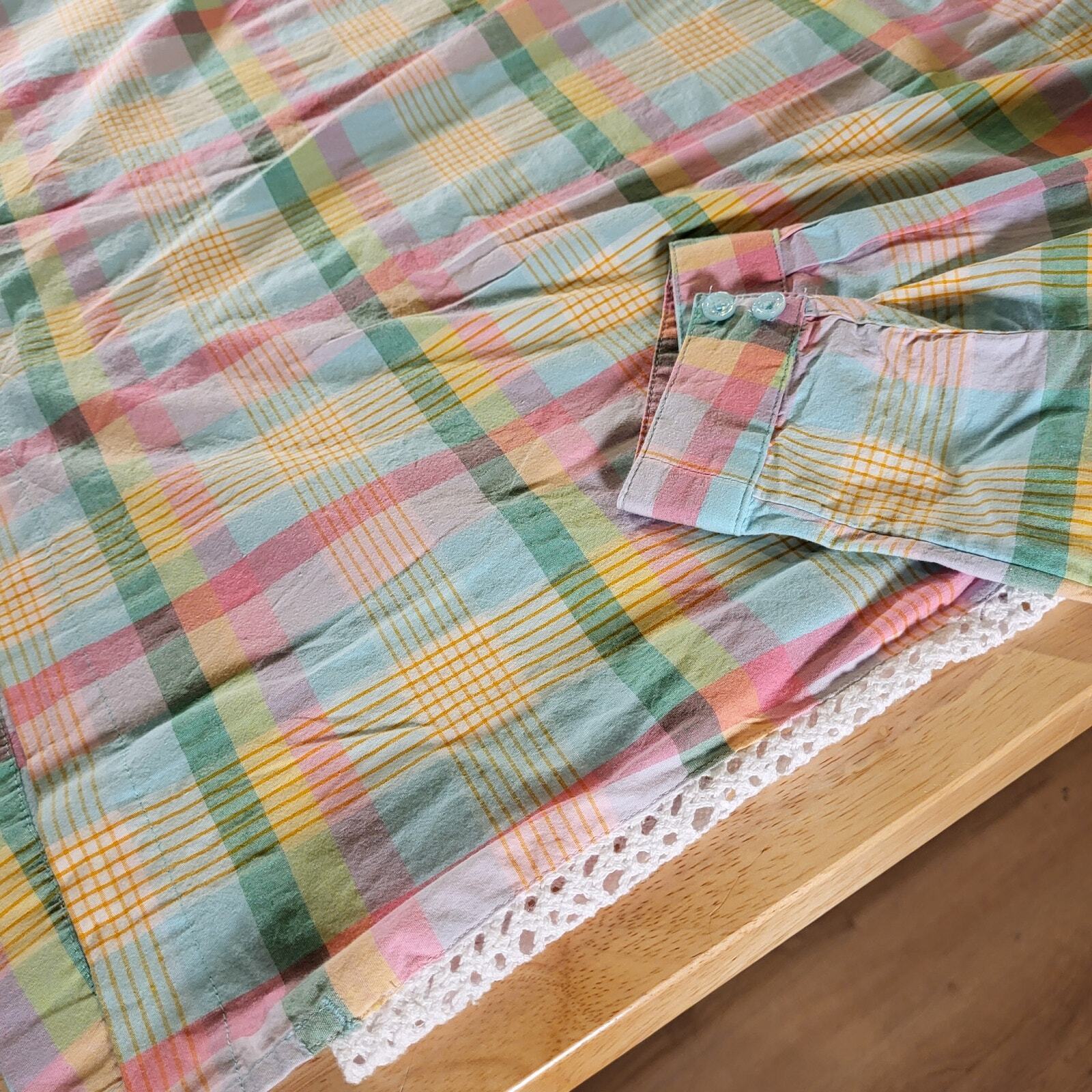 Crown & Ivy Pastel Plaid Ruffle Collar 3/4 Sleeve 25" Long 23" P2P