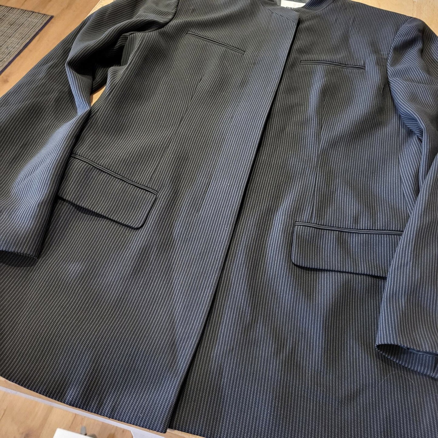 DKNY Donna Karen Wool Mandarin Collar Invisible Button Pinstripe Coat 8