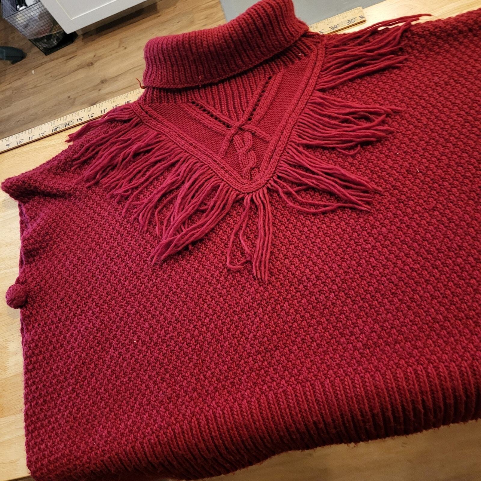 Vintage Burgundy Knit Turtle Neck Poncho Sweater 25" Long 33" Wide