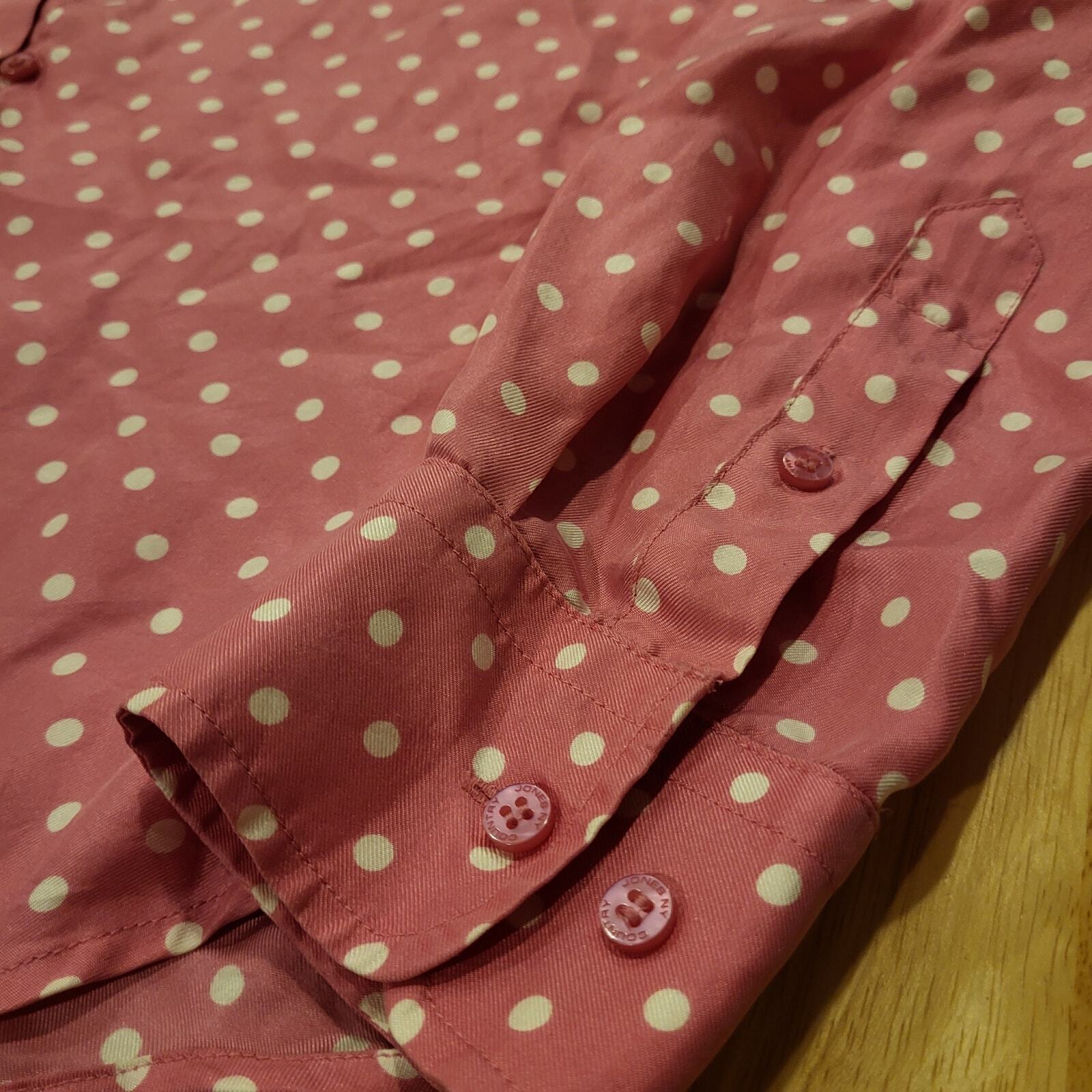 Vintage Jones New York Country Medium Pink Polka Dot Silk Collared Button Down